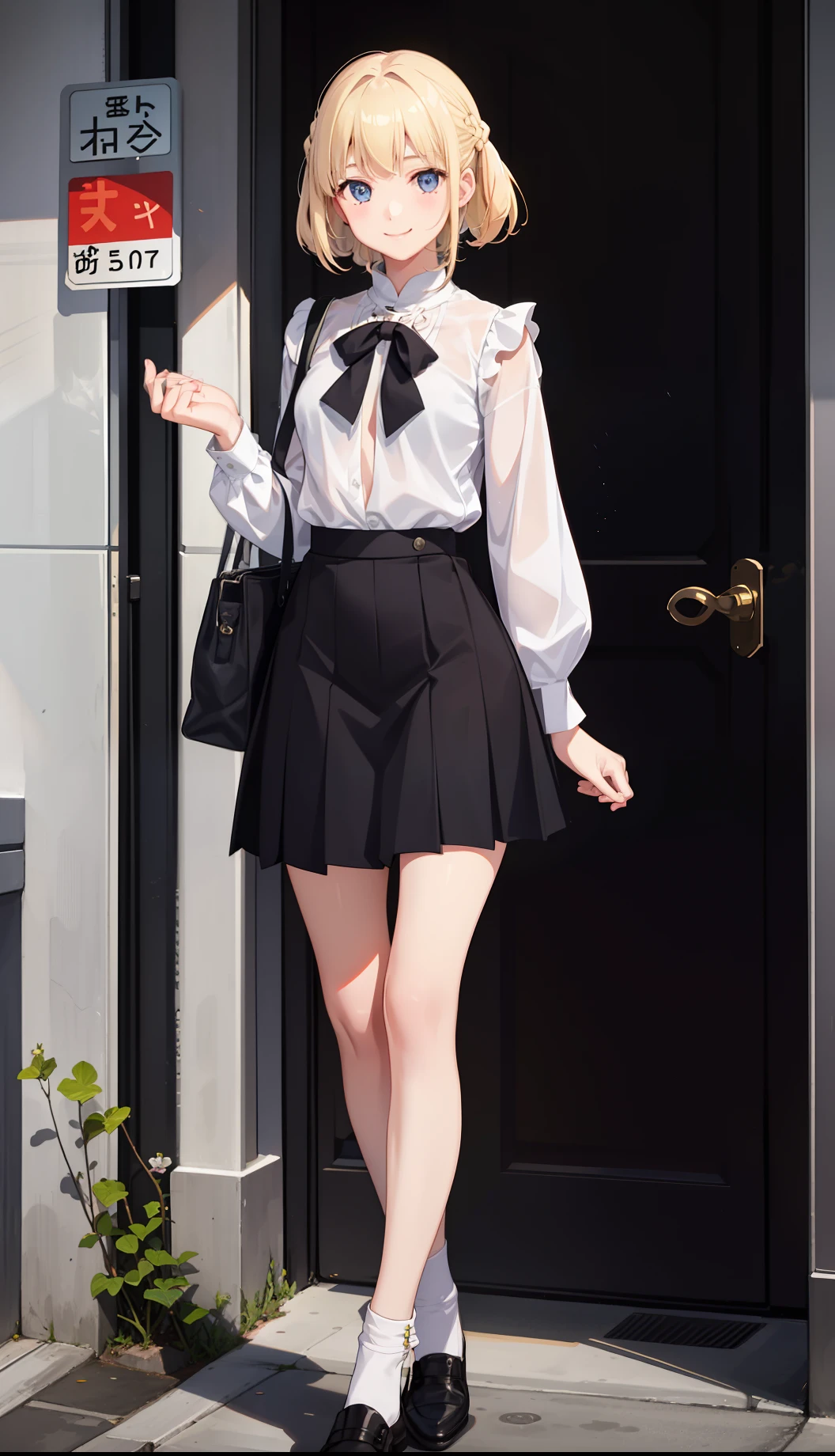 1girl in、A smile、The shirt、Blouse、skirt by the、(small tits)Chilarism、movement、blonde hair、