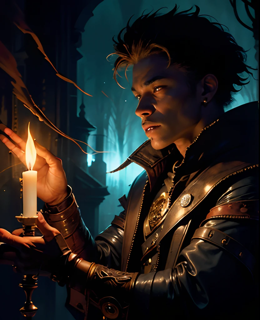 a young, black, leather-clad sorcerer, (best quality,highres:1.2)casting a spell, with intense glowing eyes, surrounded by mystical smoke and sparks, in a dark and ancient chamber, illuminated by candlelight, with a sinister and mysterious atmosphere, (photorealistic:1.37)capturing every intricate detail of his face and clothing.