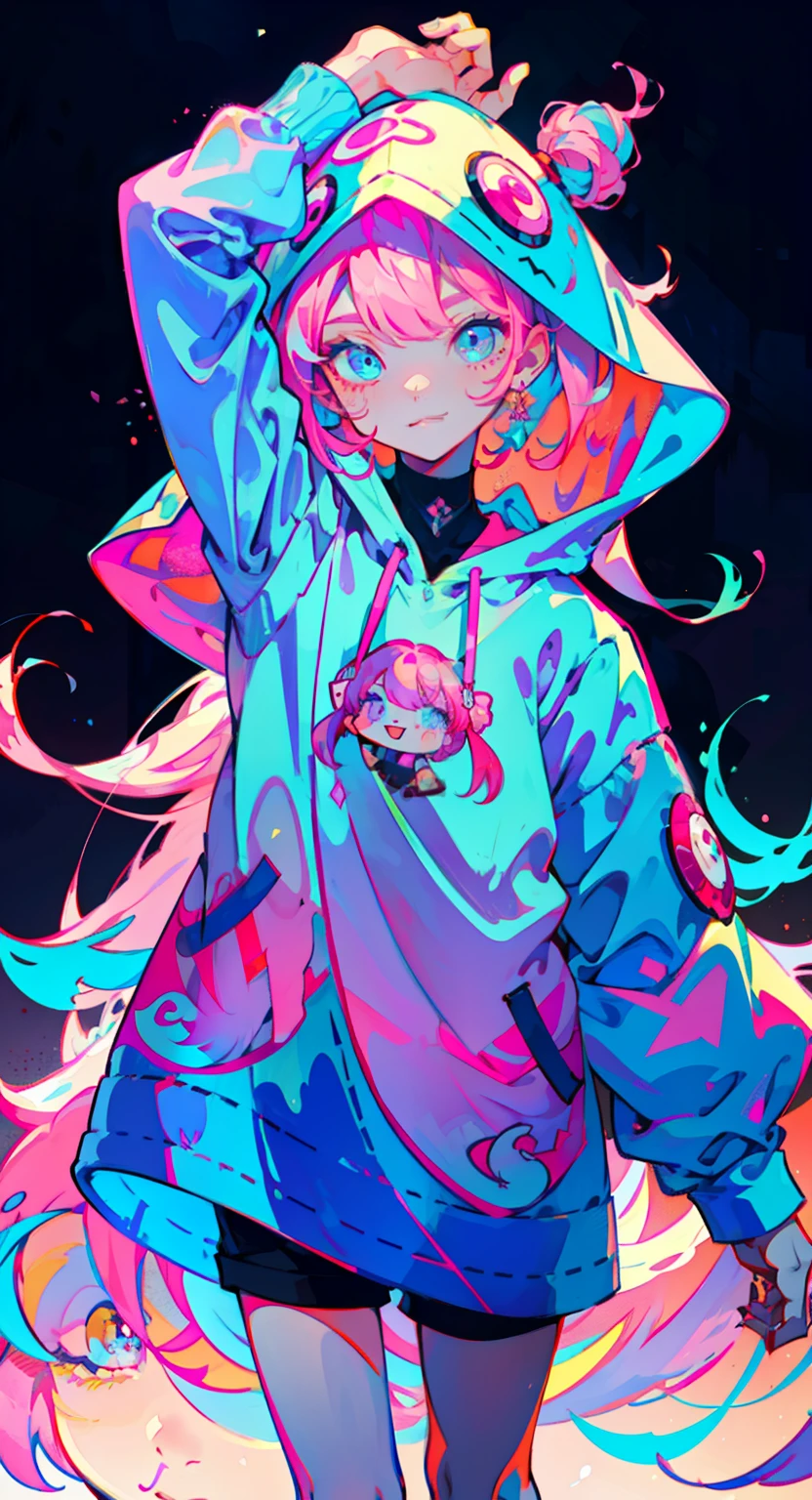 girl in pink long hair, cute, cool pose, selfie, masterpiece, highly detailed, best quality, sharp focus, soft lighting, limited color palette, pastel colors, cute, ((kawaii)), dark skin,
(Panchen: 1.3), smile, solo,
dark brown hoodie, blue shorts,
Pink eyes, (pink hair: 0.6), (blue hair: 0.8), (gradient hair: 0.6), short hair, Bratis