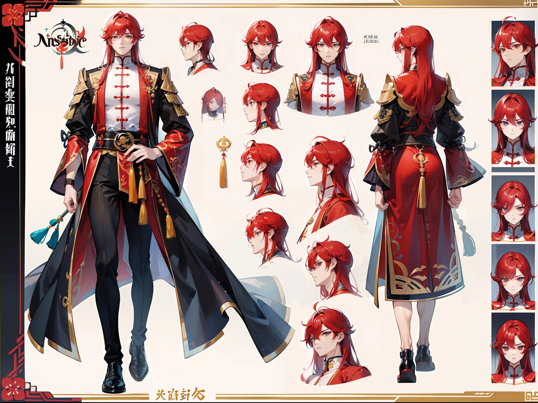 ((Masterpiece, Highest quality)), Male, boy, Detailed face, character design sheet， full bodyesbian, Full of details, frontal body view, back body view, Highly detailed, Depth, Many parts, Muscle boy with long red hair with long bangs，handsome man, muscle body, Traditional chinese clothes, Genshin Impact, man tall