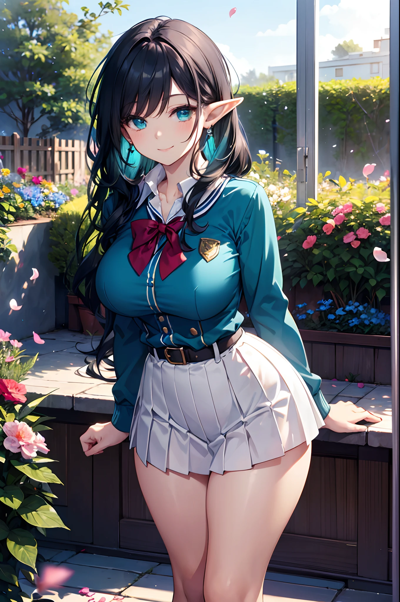 Realistic and detailed image of an elf dressed in a school uniform and pleated micro skirt. She has long wavy black hair. Turquoise eyes. She has earrings, long eyelashes. She has large breasts, slim waist, wide hips and thick thighs. Smiling, pleased face. Arched back. There is a garden with flower petals falling around her.