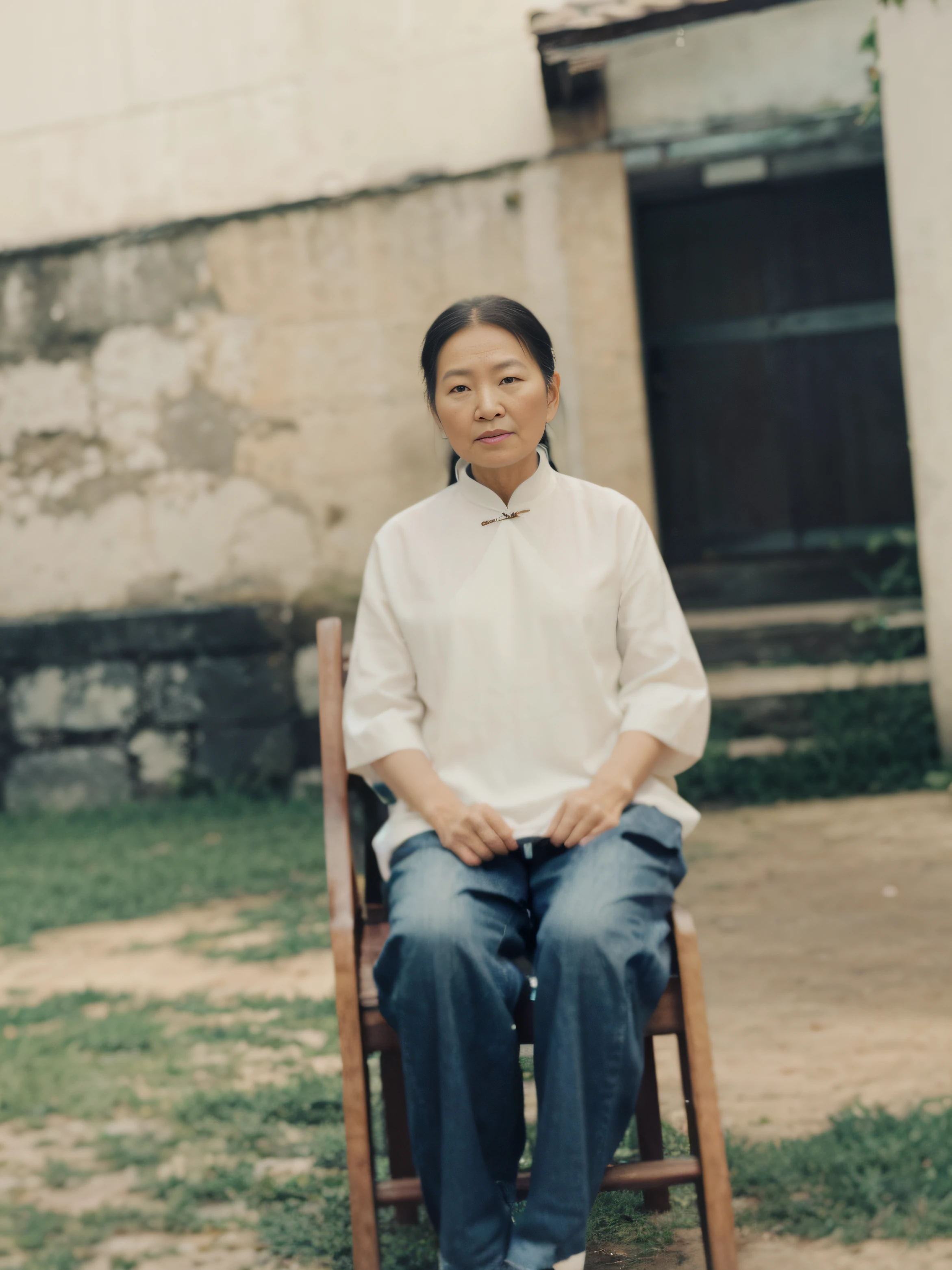 Portrait of a 70-year-old Chinese grandmother,Face emaciation,Good facial features,Symmetrical facial features,The ears are symmetrical and clear,Ultra-clear and realistic facial features,Hair combed back,White traditional Chinese clothes,The texture of the clothes is clear,Ultra-clear texture,Wear dark pants,Sit in a wooden chair,On the earthen lawn,The background has a building wall,Camera shooting effect,Light and shadow are natural,symmetrical clothes,The collar is symmetrical and coordinated,Ultra-clear and realistic 8K,Very detailed eyes and face,Ultra detail, High definition, Very detailed, Best quality, Masterpiece, , Realistis, Real, 8K wallpaper,Background details for foreground objects (Masterpiece: 1.2) (Photorealistic: 1.2) (Bokeh: 1.2) (Best quality) (Color grading) (Detailed skin: 1.3) (complex) (8K) (hdr) (Movie lighting: 1.3) (Sharp focus), Glossy glossy skin, Front Ultra HD, Digital SLR, Soft lighting, High quality, film gram, Fujifilm XT3 skin texture, filmgrain, Close up, 超高分辨率,