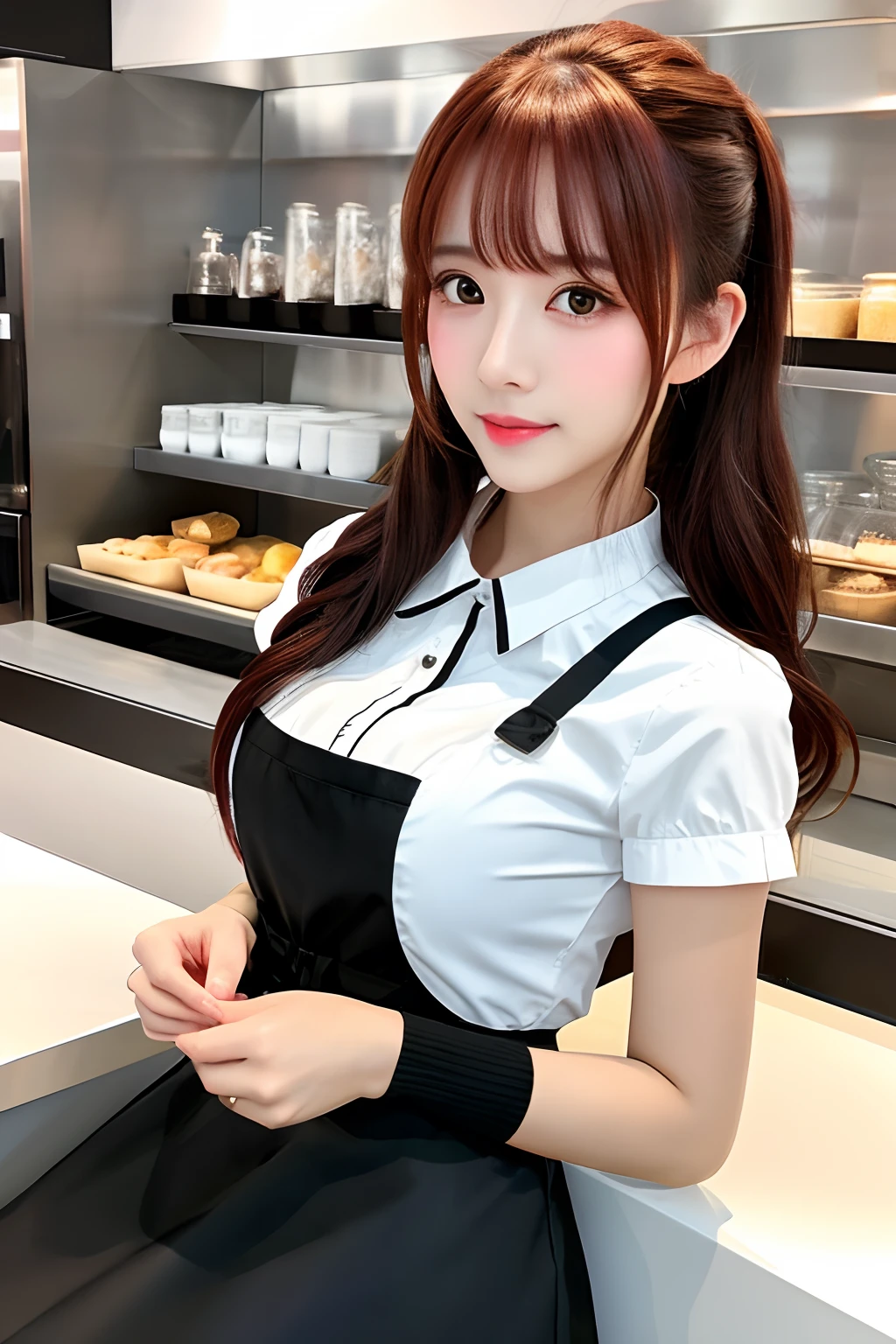 masutepiece,(Best Quality, Three-dimensional illustration, Detailed face:1.3),(1girl in,Solo:1.3),Beautiful detailed eyes, Apron, gradient_Background, gradient, maid, Purple eyes,Red hair, heavy-looking chest, large round chest, Slim your waist, Slim legs, toned round buttocks, Same as,, BREAK, enmaided, white_Apron, Black_Dress, Ponytail, Black_Footwear, frilld_Apron, Dress, maid_Apron, alternate_hair,Very long hair, split_Ponytail, Halo, Background with, Inside the café, Counter seats,, heavy-looking chest, large round chest, Slim your waist, Slim legs, toned round buttocks,