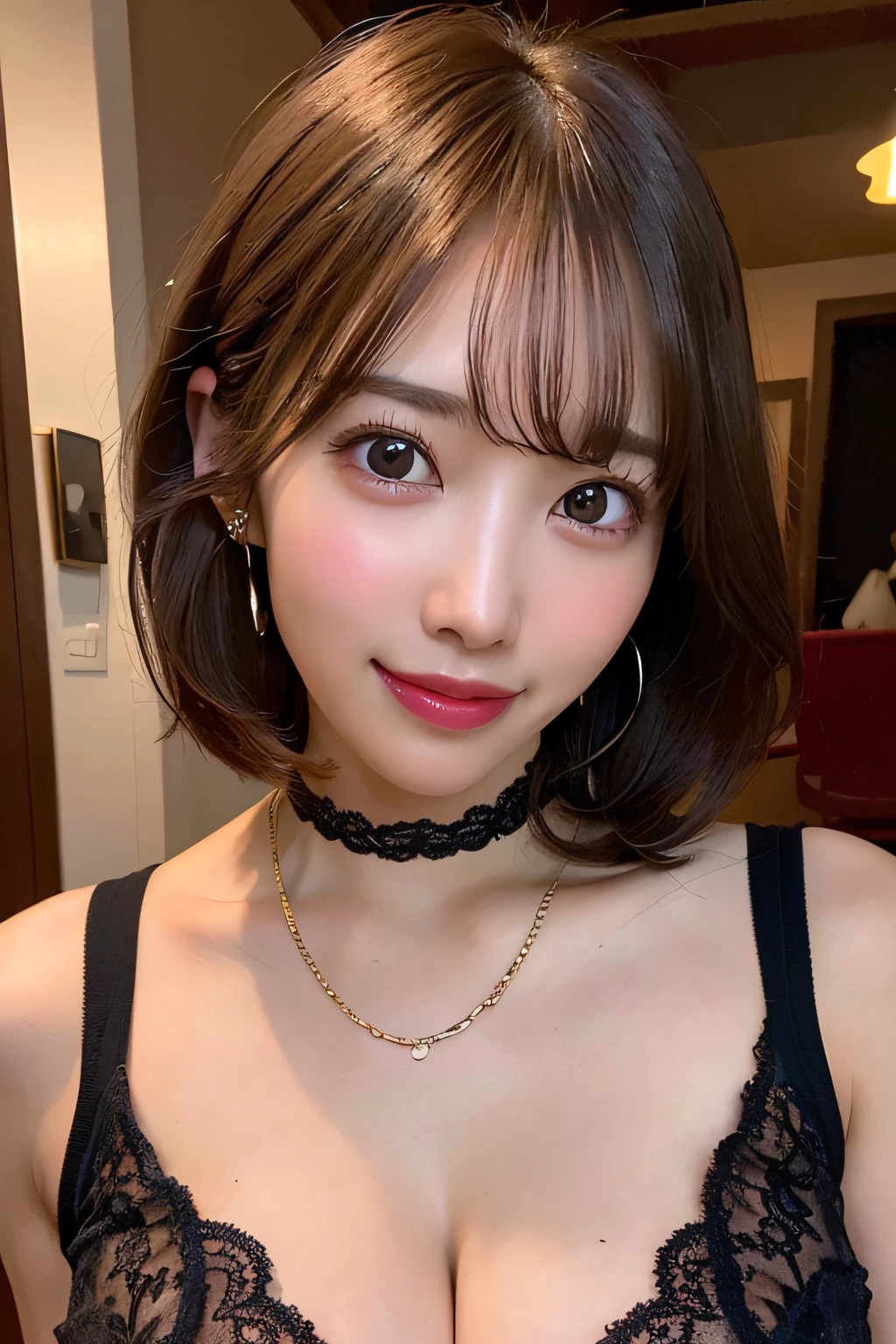 (Highest quality、4K、8k、High resolution、masterpiece:1.2)、Very detailed、(Genuine、Realistic、Realistic:1.3)、Japanese women、(Hair Color:Random)、(Hairstyle:Random)、Heavy makeup、Gal Makeup、seductive smile、black choker、Selfie