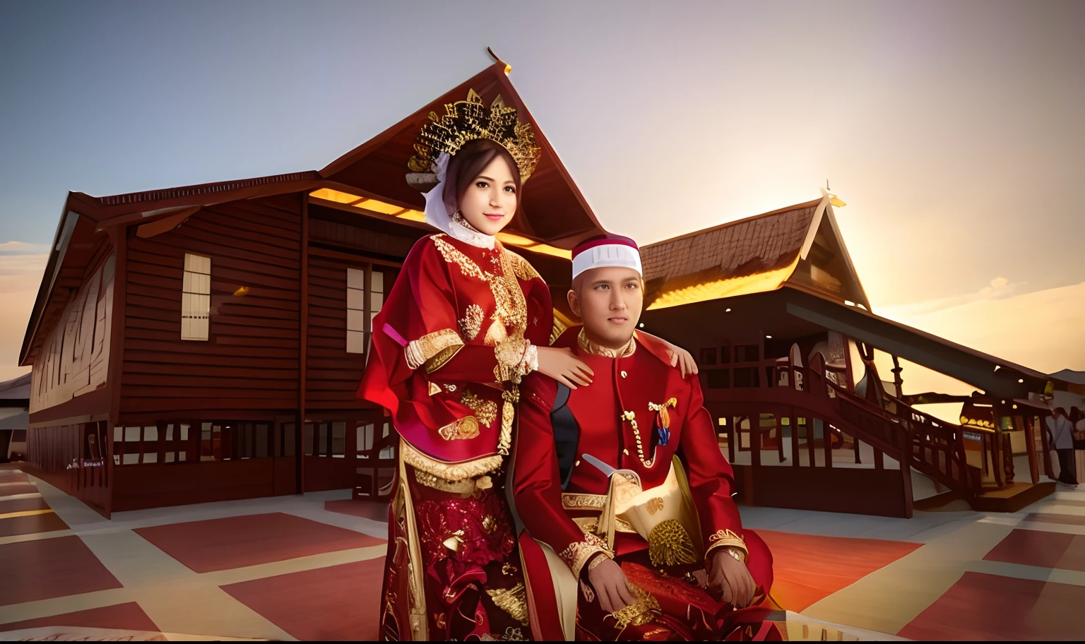 Couple Wedding muslim Bugis tradisional, ultra detail face, ultra detail eye, ultra detail hand fingers, cinematic lighting,8k