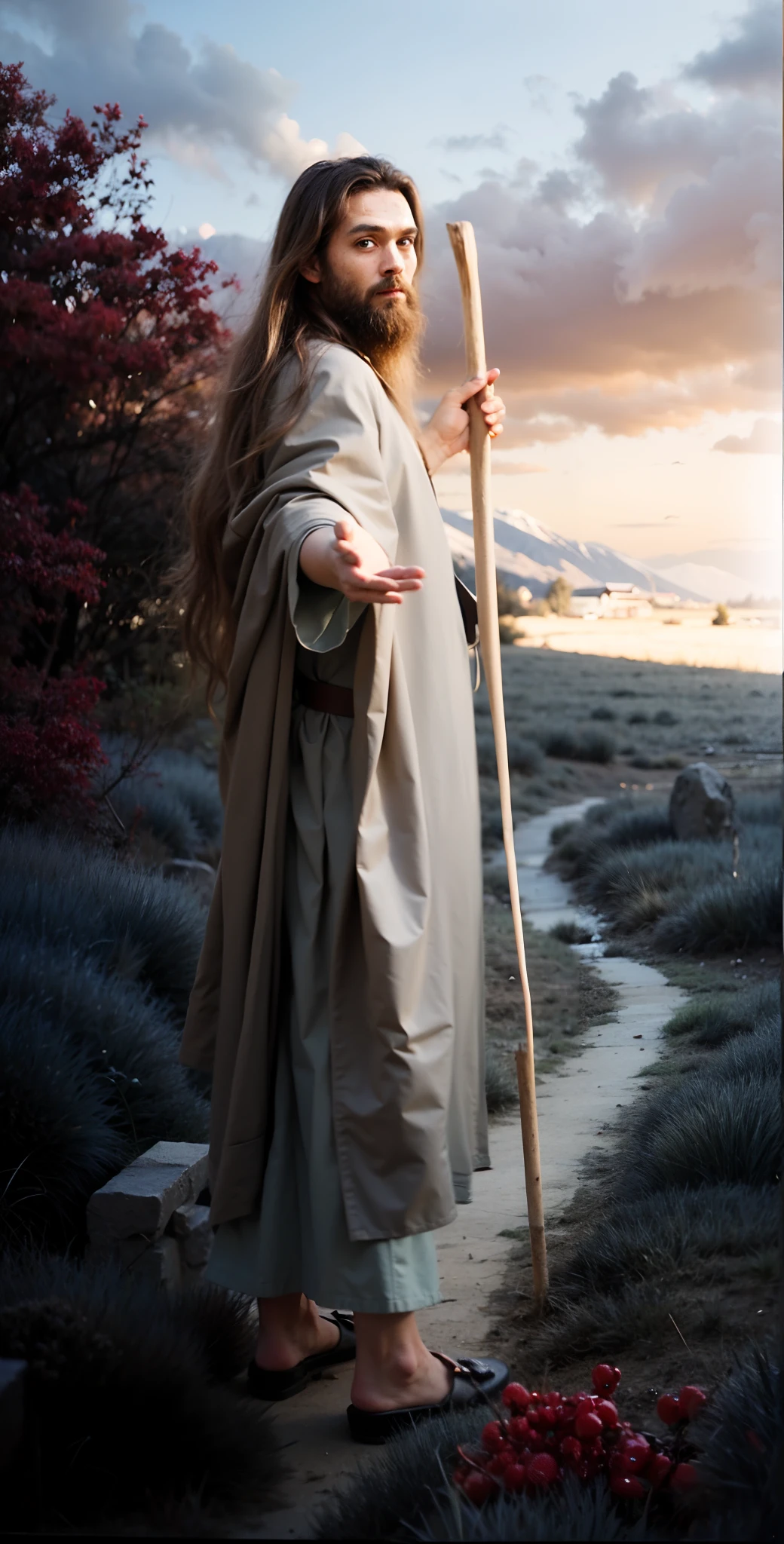 jesus walking with a staff in a field of grass, moses, full body close-up shot, shoulder-length hair, holding a wooden stick, jeremiah, inspired by Moses van Uyttenbroeck, greg olsen, by Scott Gustafson, jesus, peter, promo image, full view with focus on subject, charles, full body portrait shot, 2070s, weta, fullbody view