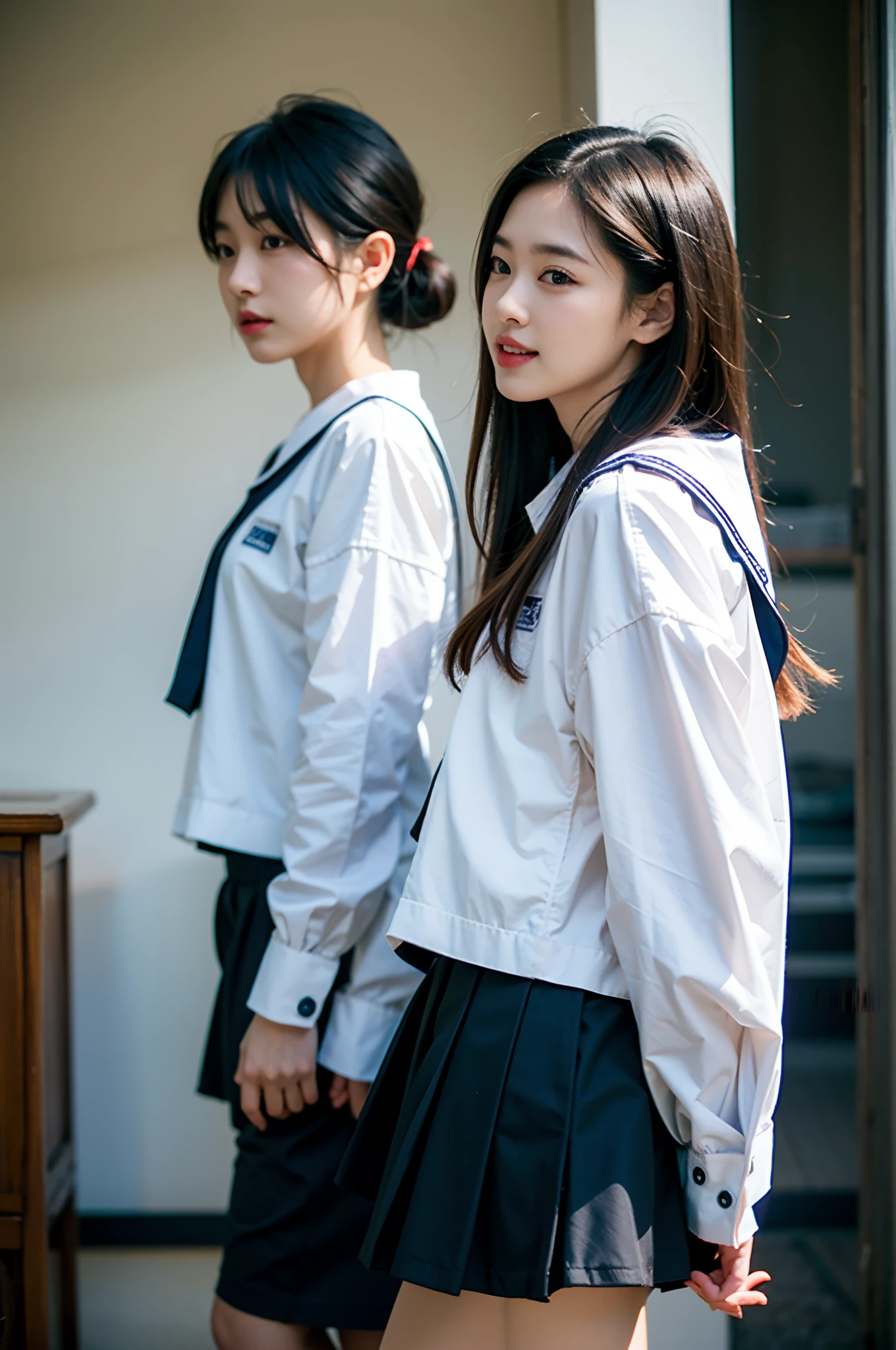 masterpiece, top-quality、Raw foto, Photorealsitic、I have two girls who are 18 years old、Walk while having a pleasant conversation、sideshot、a closeup、Open your mouth and laugh、Short bob blonde and long black hair、Japan High School Girl、a sailor suit、Knee-length skirt、校服、Idol、Smaller chest、unbelievable Ridiculous、depth of fields, hight resolution, ultra-detailliert, foco nítido, Cinematic lighting