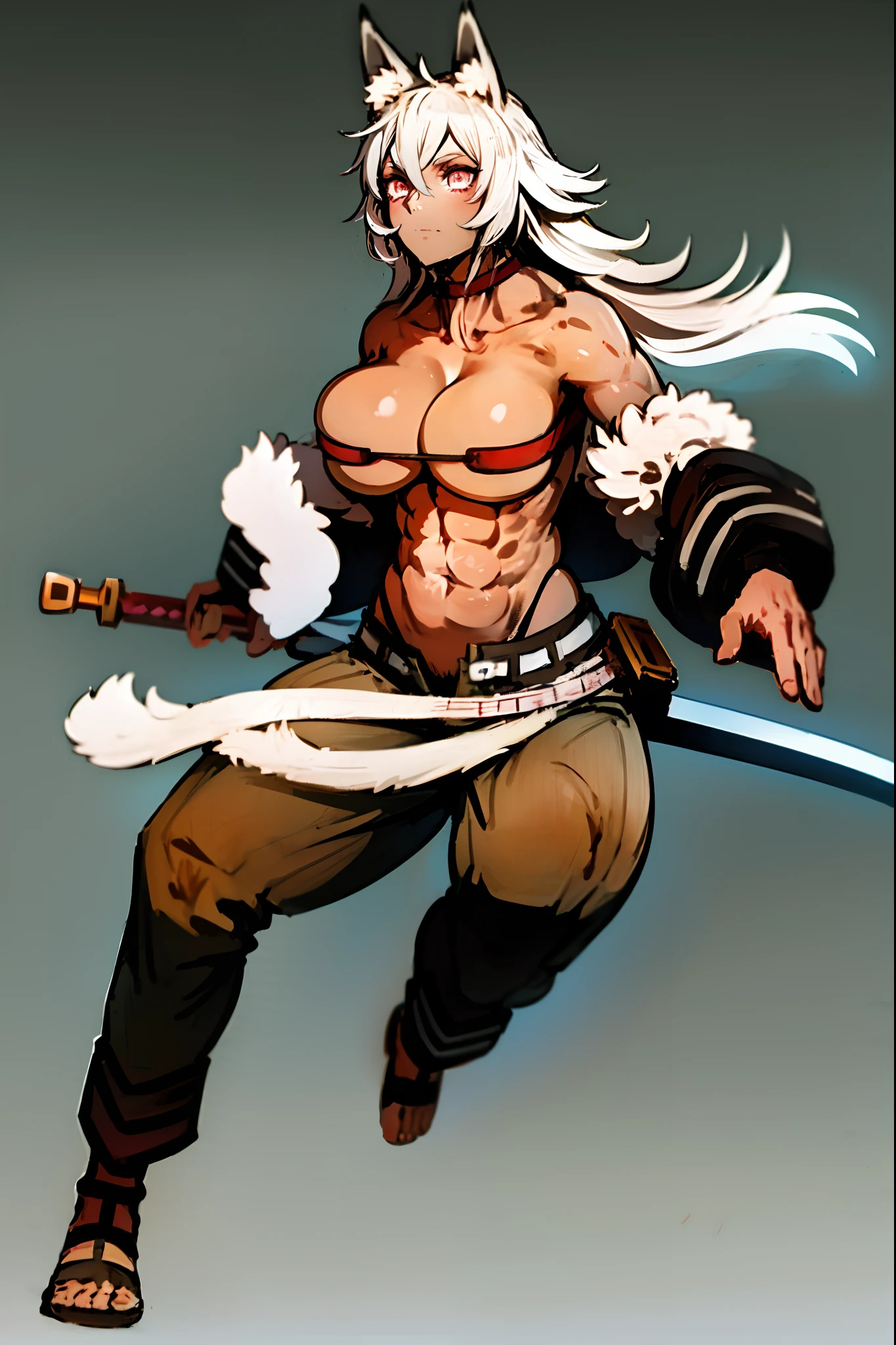ghislaine dedoldia, animal ears, choker, fur trim, large breasts, abs, muscular woman, white hair, standing,, fulll body, boots smily , pants, flipflops,standing,  floting sword, levitating sword