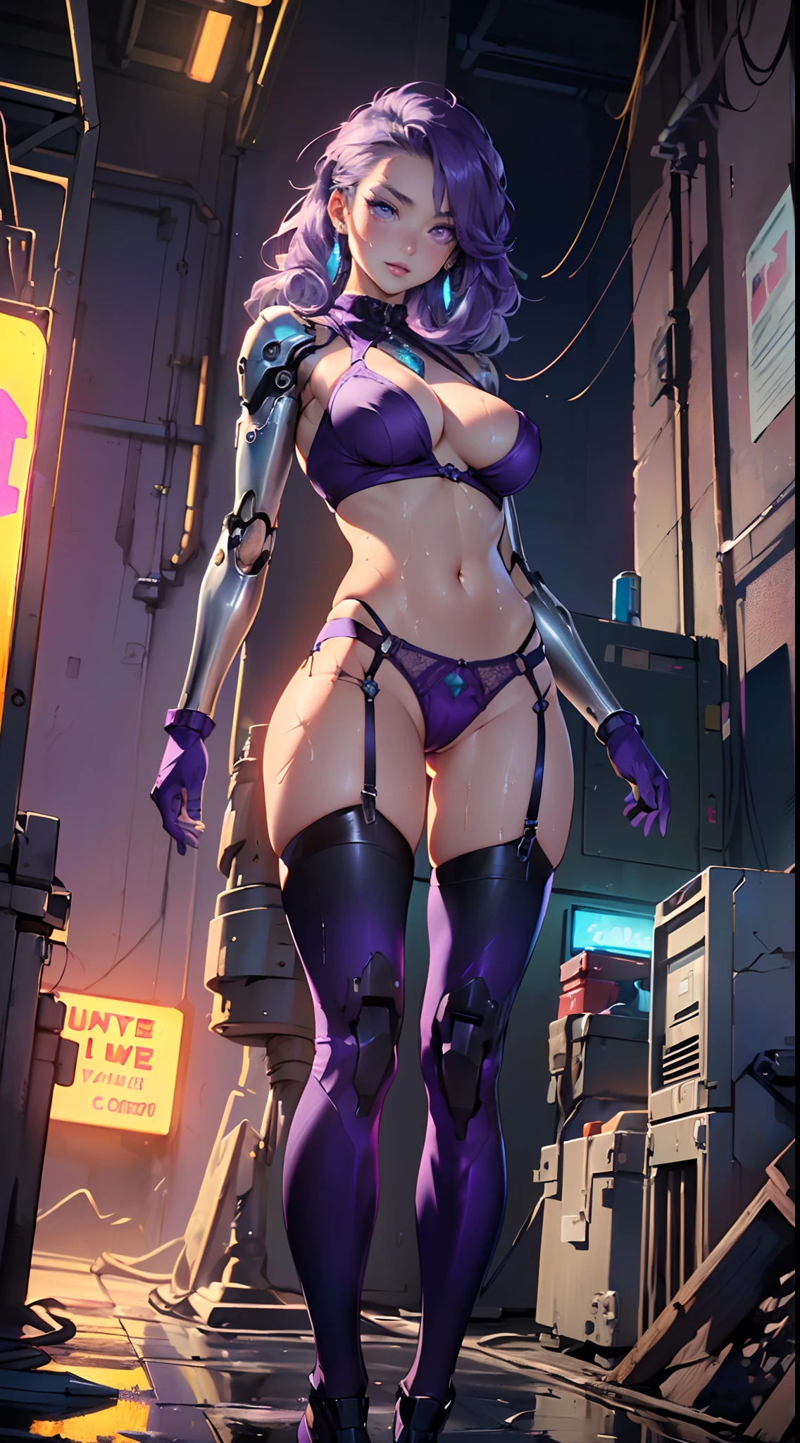 girl robot,(Invisible face,silver female robot,metallic shining body,heroic, (detailed eyes),lustrous lips,(Glossy hair),beautiful hair,(shiny skin),dyed cheeks, thin waist legs,thighs,(shine),((mechanical arms,mechanical legs,mechanical breasts)),warframe,liquid metal girl,(((purple_eyes:1.3))),eyes without pupils,symmetrical eyes,big eyes:1.5,details eyes,(spider lower abdomen,narrow waist,wide hip,imbo body,inflated legs,detailed body,(detailed face)),((Wild Spike light purple Saiyan:1.3,light_purple hair)),(large breasts:1.4),
cute,slutty,seductive,erotic,(((nsfw))),
(scars in both eyes:1.3, scars in the skin:1.3),shiny clothes,((thigh high cut:1.5, bare thighs:1)),((huge mechanical ring in the neck)),((mechanic thong:1.5),((huge earrings with LED lights:1.2)),((machine-made joints: 1.4)), ((mechanical limbs:1.2)),((mechanical parts:1.4)),(mechanization:1.2, future),(wires and cables attached to the head and body: 1.5),(show skin:1.3)
((wet clothes,intricate outfit,intricate clothes)),
(dynamic pose:1.0),solo focus,embarrassed,(centered,scale to fit dimensions,Rule of thirds),
cyberpunk city by the ocean at night, with bright neon signs and dark stormy clouds and puddles, scenery:1.25,
artistic photography,(photography taken by sldr),highres, sharp focus, (ultra detailed, extremely detailed), (photorealistic artwork:1.37),(extremely detailed CG unity 8k wallpaper),((synthwave background theme)),(((vibrant colors))),(intricate background),(masterpiece),(best quality),
