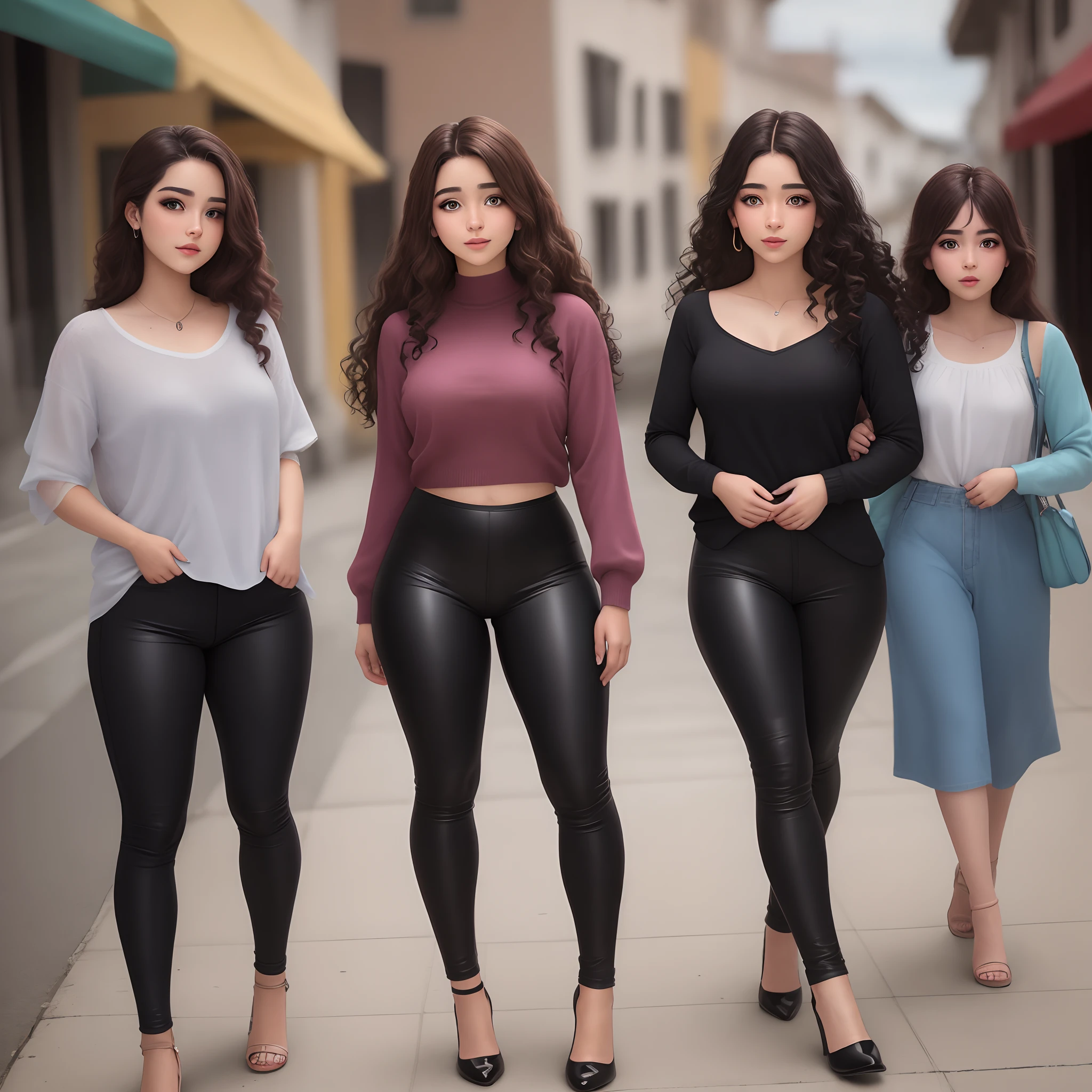 A 20-year-old Latina girl named Sofia who has long, wavy hair, dark brown, con algunas mechas rubias. Sus ojos son de color miel y tiene una mirada expresiva. Su piel es morena y suave, con algunos lunares en el cuello y los hombros. Su nariz es respingona y sus labios son carnosos y rosados. Lleva un piercing en el ombligo y varios aretes en las orejas. Le gusta vestir de forma moderna y juvenil, con tops, faldas, Tight pants and heels.