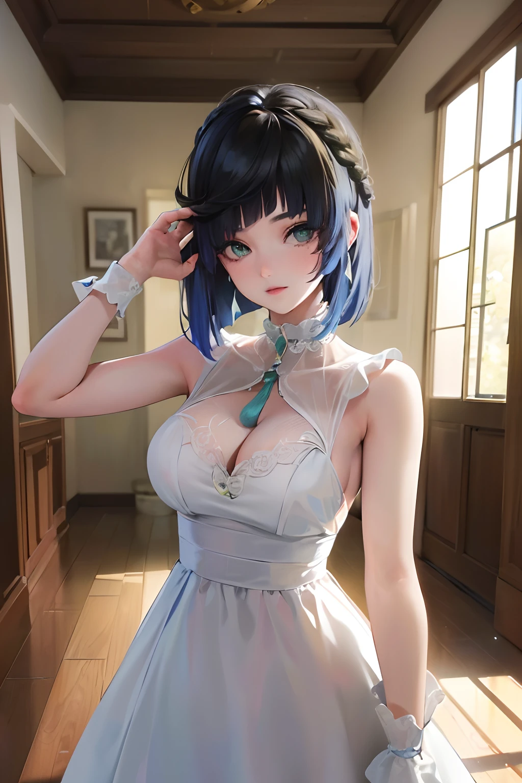 (8k, Foto RAW, La mejor calidad, Obra maestra:1.2), (realista, fotorrealista:1.37),1girl, vestido, ojos verdes, Cabello largo, tela ultra detallada, Beautiful decoration on the dress,