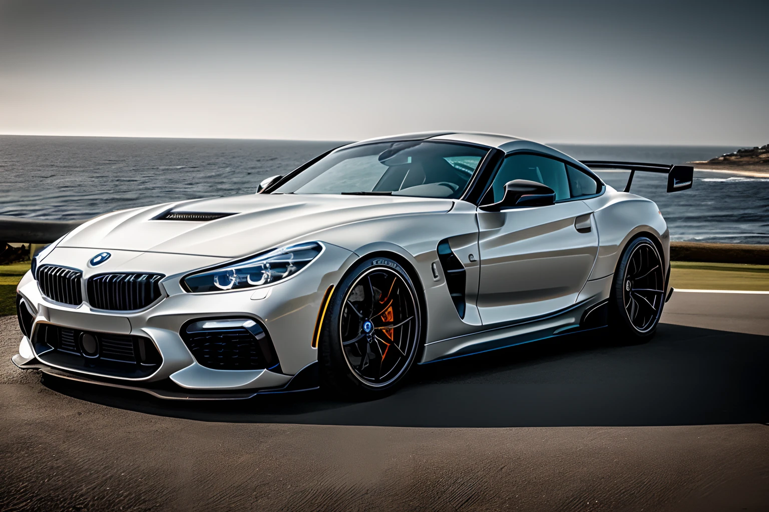 Rembrandt light,Best Quality,Extremely detailed,Cinematic lighting,8K,Realistic,photograph,Low viewing angle,Camera shooting,Canon 85 1.2,Aperture F4,8K,nffsw,(BMWーZ4),Hypercar,Wide Body, , Over Fender, Wide tires, Bright morning light by the sea on background,