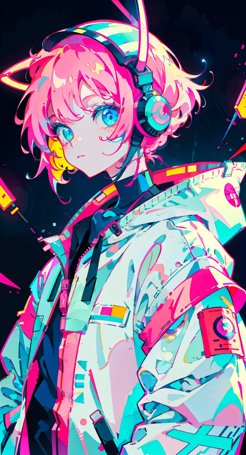 anime girl, wearing astronaut suit, neon pink and blue colors, scars, stickers, neon style of whole shot