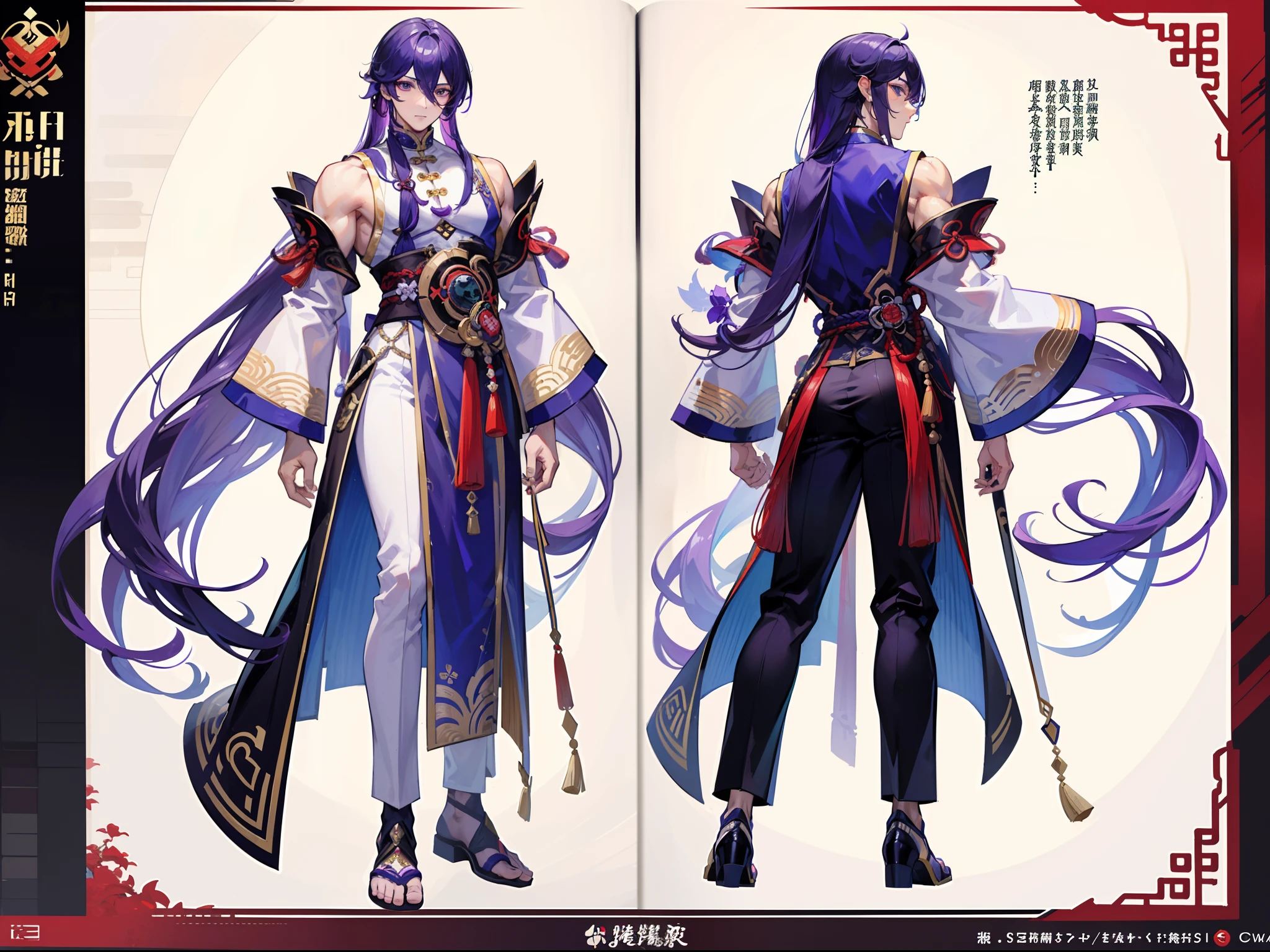 ((Masterpiece, Highest quality)), Male, boy, Detailed face, character design sheet， full bodyesbian, Full of details, frontal body view, back body view, Highly detailed, Depth, Many parts, Muscle boy with long purple hair with long bangs，handsome man, muscle body, Traditional chinese clothes, Genshin Impact, man tall