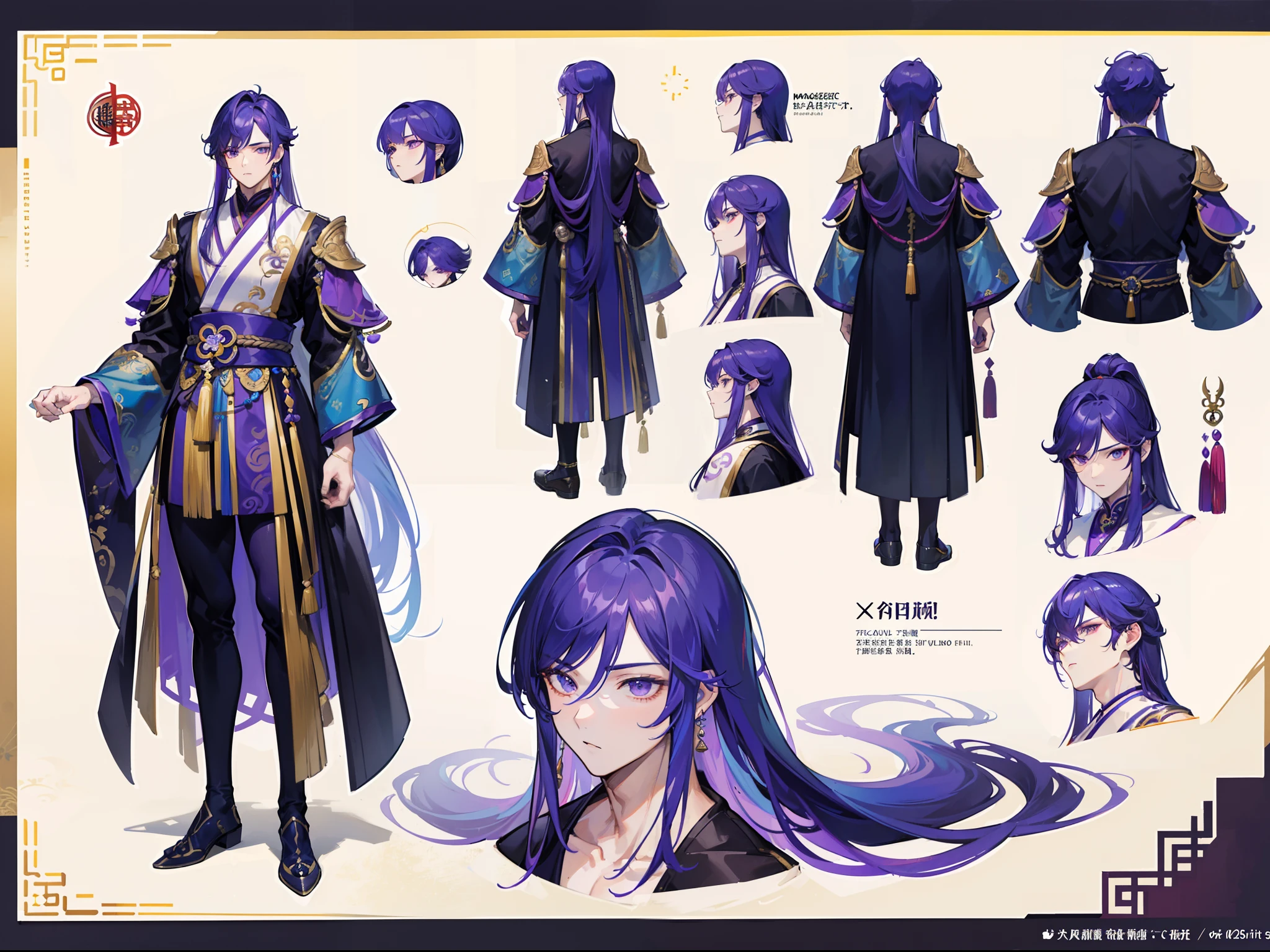 ((Masterpiece, Highest quality)), Male, boy, Detailed face, character design sheet, full bodyesbian, Full of details, frontal body view, back body view, Highly detailed, Depth, Many parts, Muscle boy with long purple hair with long bangs,handsome man, muscle body, Traditional chinese clothes, Genshin Impact, man tall