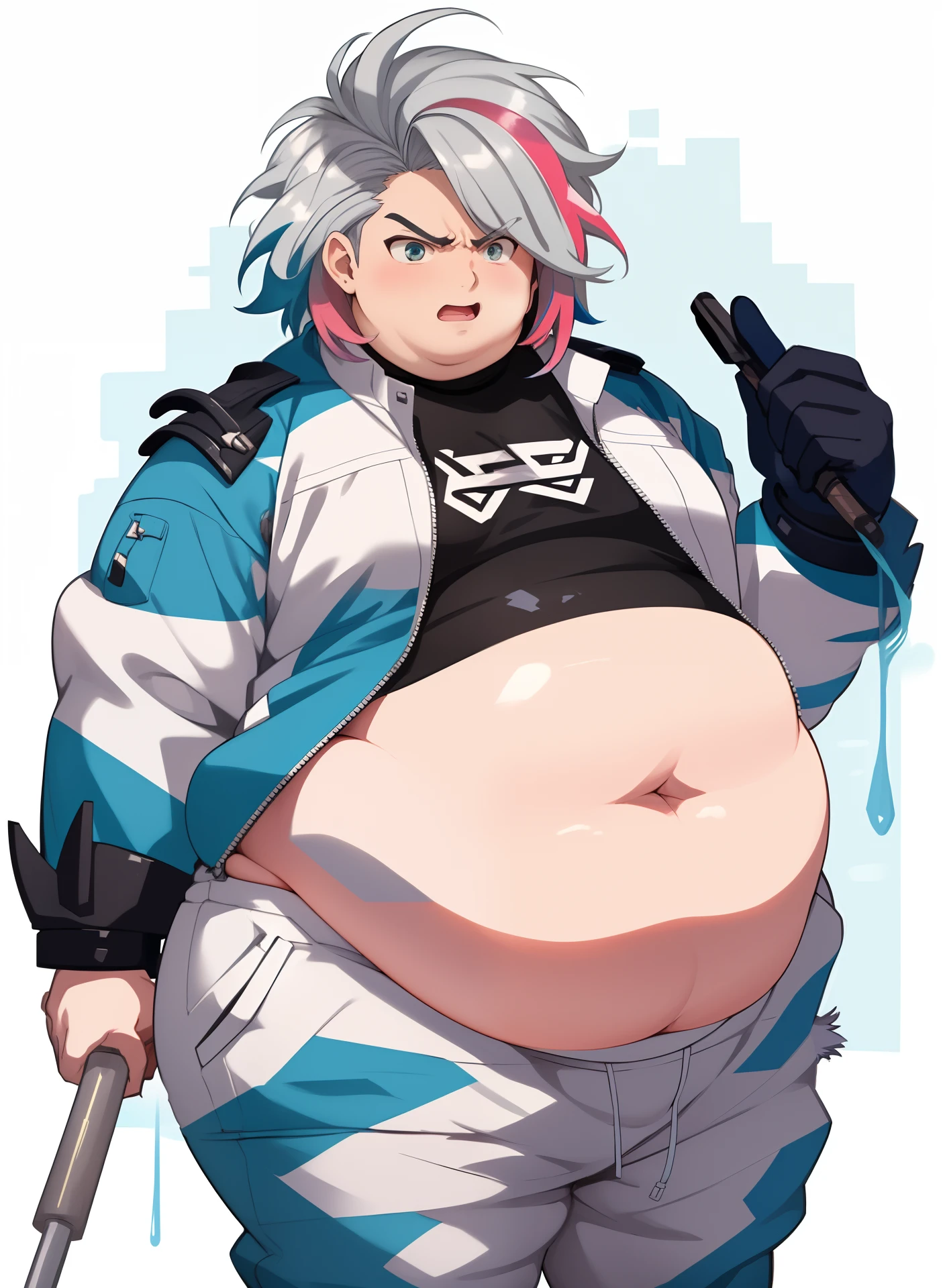 a anime styled image of a fat man with a large white cybernetic Hammer in his hand, he has a jiggly fat round belly,( his belly is , large,fat and round), thicc, big belly, belly exposed, thicc build,  fatbody, fat belly,(( large Thick hips)) ,(( large fat Thighs, large Fat round but))t , (Short build), ((White hair with Blue and Pink Streaks)) (androgynous),  morbidly obese , Femboy , Messy hair, SFW, High quality, expression( annoyed and Angered) pose(one Hand holding Giant  Hammer  over shoulder), ((1boy,solo))