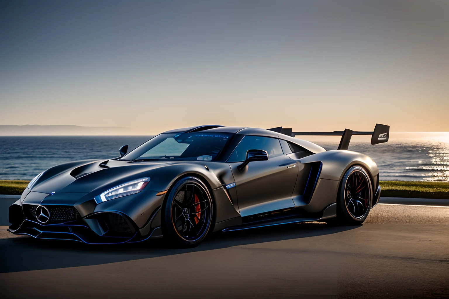 Rembrandt light,Best Quality,Extremely detailed,Cinematic lighting,8K,Realistic,photograph,Low viewing angle,Camera shooting,Canon 85 1.2,Aperture F4,8K,nffsw,(Mercedes-Benz GTR),Hypercar,Bright morning light by the sea on background,