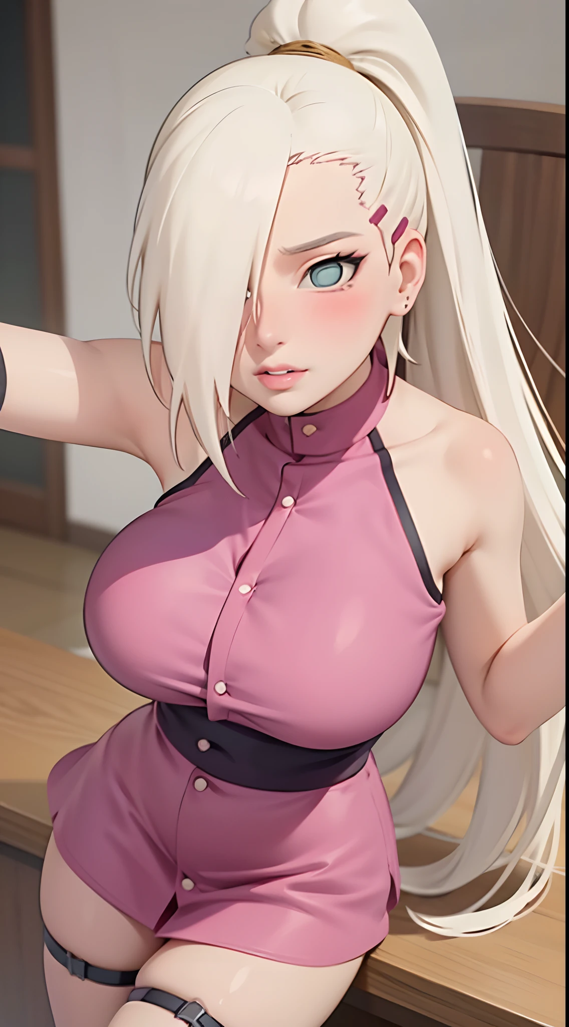 ino yamanaka, spaghetti strap top,high waist short skirt, detailed lips, big breast, beautiful face, blush, (pink lips), sexual expression, seductive expression,