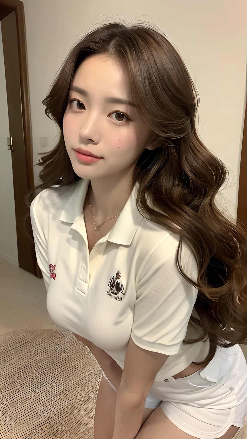 ((best qualtiy, 8K, tmasterpiece:1.3)), Focus:1.2, perfect figure beautiful woman:1.4, Cocked buttocks:1.2, ((Random Long Thick Hairstyle) ((Brown Wavy Hair In Big Curls))(Long white legs:1.3,(Polo shirt With Shorts:1.2) , (inside in room: 1.2), Highly detailed facial and skin texture, A detailed eye, 二重まぶた,Whiten skin,(Straight big breasts:1.3), looking at camera, Wear a necklace,