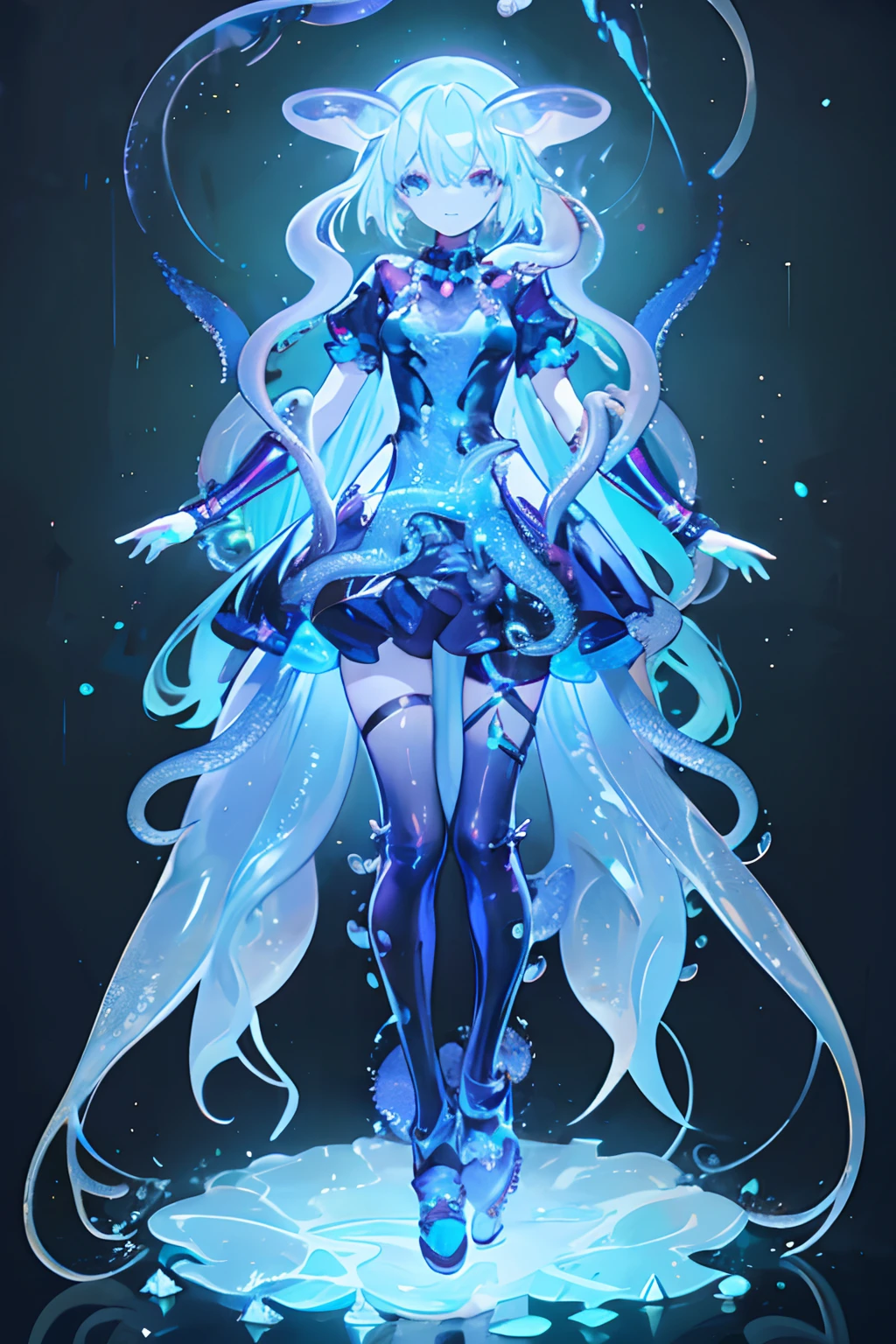 Girl in cyber style maid costume. （hightquality）She's a Dark Fantasy. she has short hair. Latex. Shining eyes. Tentacles extending from behind her. Radiant. Elements of jellyfish. dark laboratory.