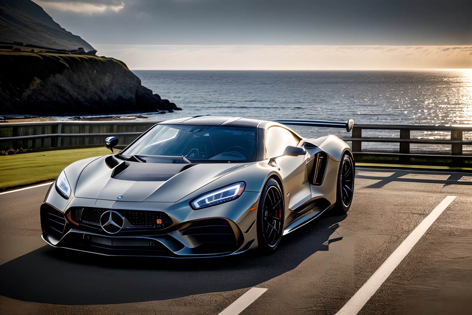 Rembrandt light,Best Quality,Extremely detailed,Cinematic lighting,8K,Realistic,photograph,Low viewing angle,Camera shooting,Canon 85 1.2,Aperture F4,8K,nffsw,(Mercedes-Benz GTR),Hypercar,Bright morning light by the sea on background,