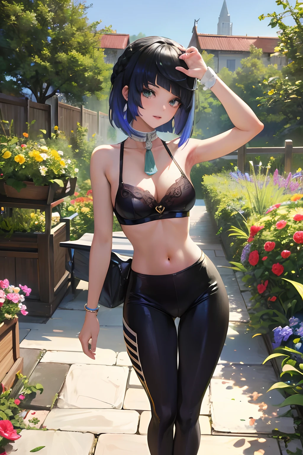 4k, realista, carismatic, muy detallado, Hay una chica en Garden House, Mujer conejo que lleva , Tema suave, pants, 25 years old, cuerpo completo