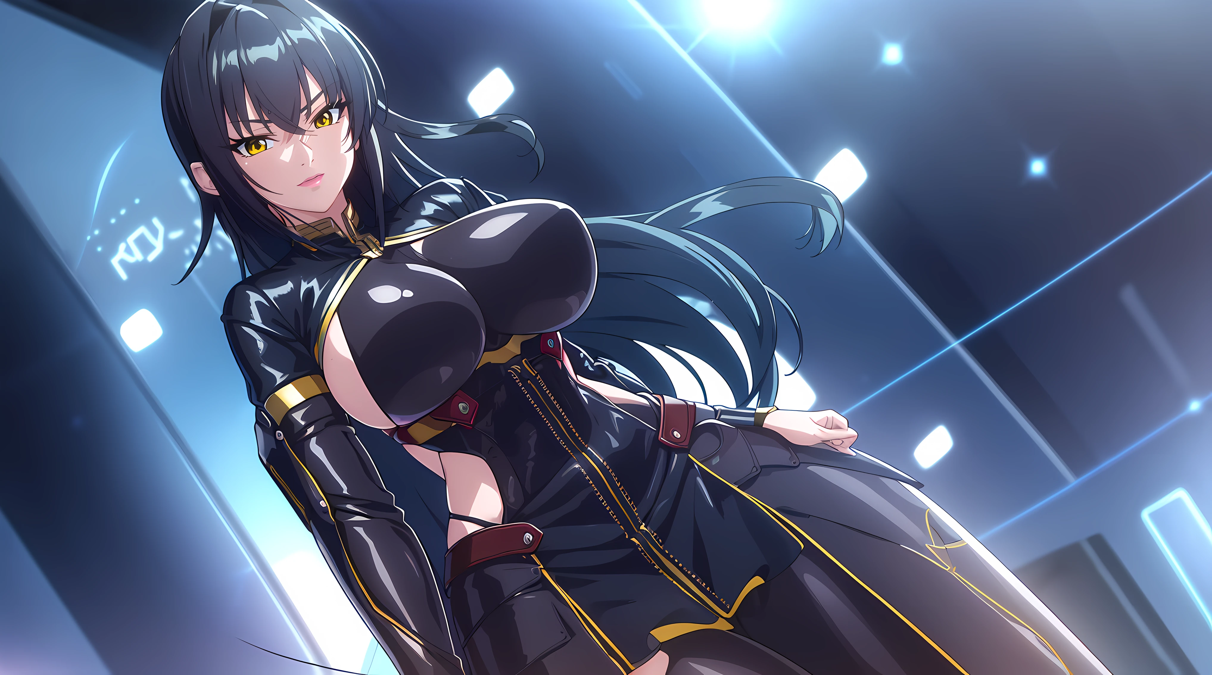 professional artwork, Intricate Details, field of view, sharp focus, detailed painting, photorealistic lighting, trending on pixiv, (masterpiece:1.0),(best_quality:1.0), ultra high res,4K,ultra-detailed, photography, 8K, HDR, highres, absurdres:1.2, Kodak portra 400, film grain, blurry background, bokeh:1.2, lens flare, (vibrant_color:1.2),
(Annerose:1), 1girl, female mature, black hair, long hair, yellow eyes, large breasts, bodysuit, higheels, shiny clothes, skin tight, hair intakes, covered breasts,
simple background, (solo:1.5), (front shoot:1.4),
