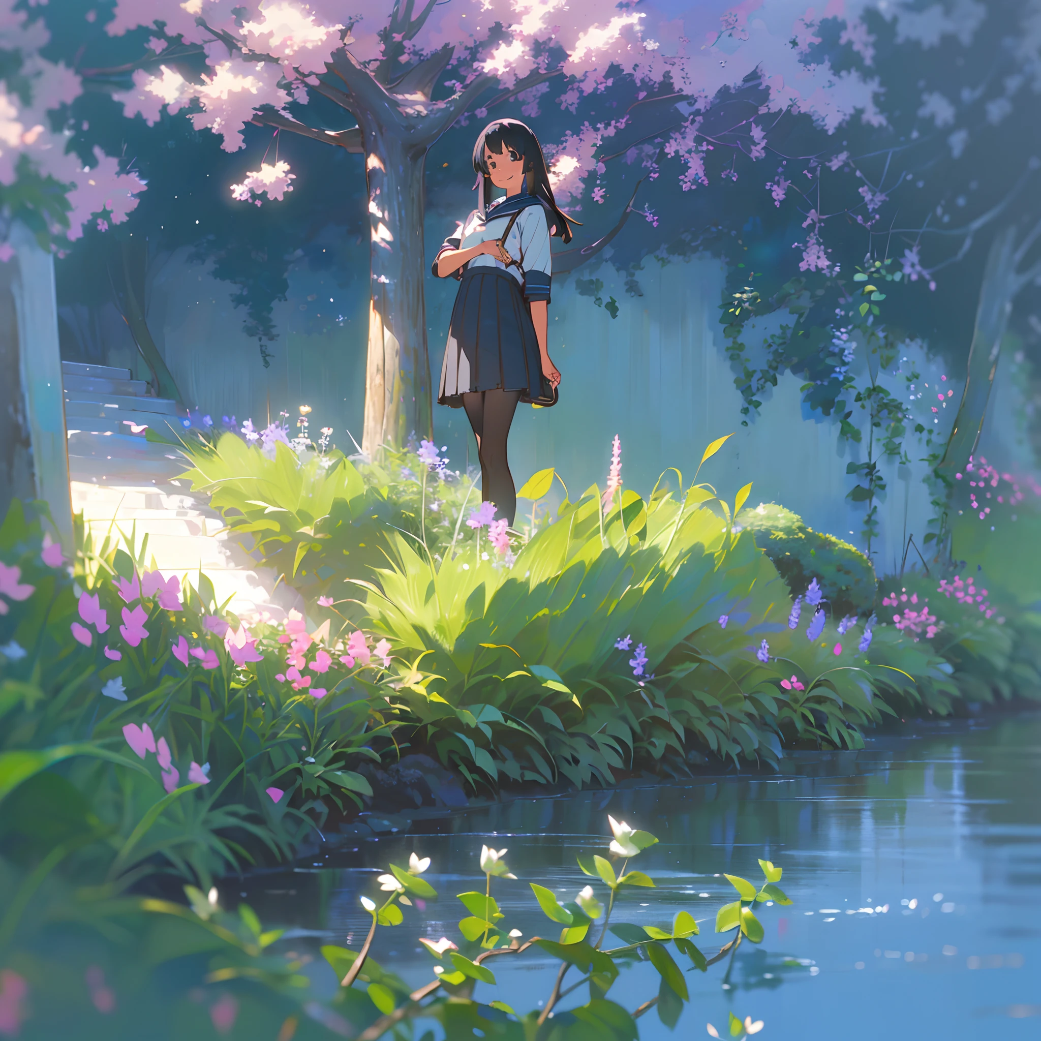(Best Quality, hight resolution, Ultra-detailed, Realistic:1.37), peaceful ambiance, (plein air, garden), Teenage girl standing alone, Beautiful detailed features, Cute smile, ((Black bob hair)),Navy blue sailor suit, Pleated skirt,Black tights,Brown leather shoes.