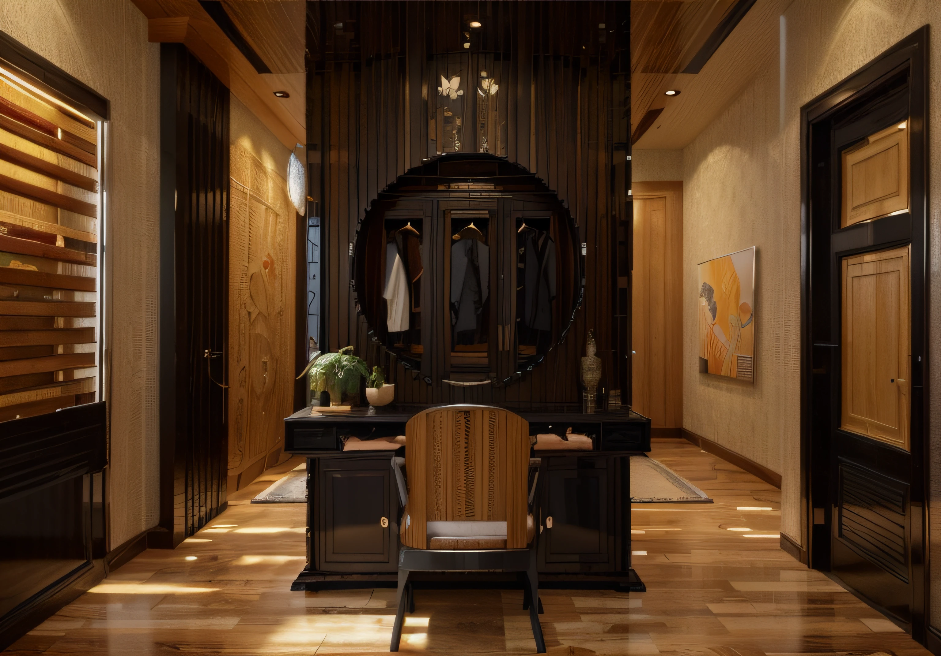 ((Best quality, 8k, Masterpiece :1.3)), Sharp focus :1.2, (Bedroom indochina BLACK Wood design: 1.3), (leaf door panel:1.1), (((black painted wooden furniture:1.1))), (photo realisstic: 1.2), (hyperdetails: 1.2), 1 chair, oriental classical pattern wall paneling, 1 classical altar, 2 ottomans, style cabinets Indochina, orange wall, indoor, indochina pano door, (Ceiling made of rattan and plasterboard), Stylized lotus pattern, stylized lotus-themed decorative painting, glossy marble floor,Round feather carpet, tiled floor with geometric pattern with border, bedside cabinet with curling iron pattern, Curved iron door, wooden frame door with panel made of wrought iron pattern combined with dó paper, daylight, Unreal Engineer 8K, full HD 8K