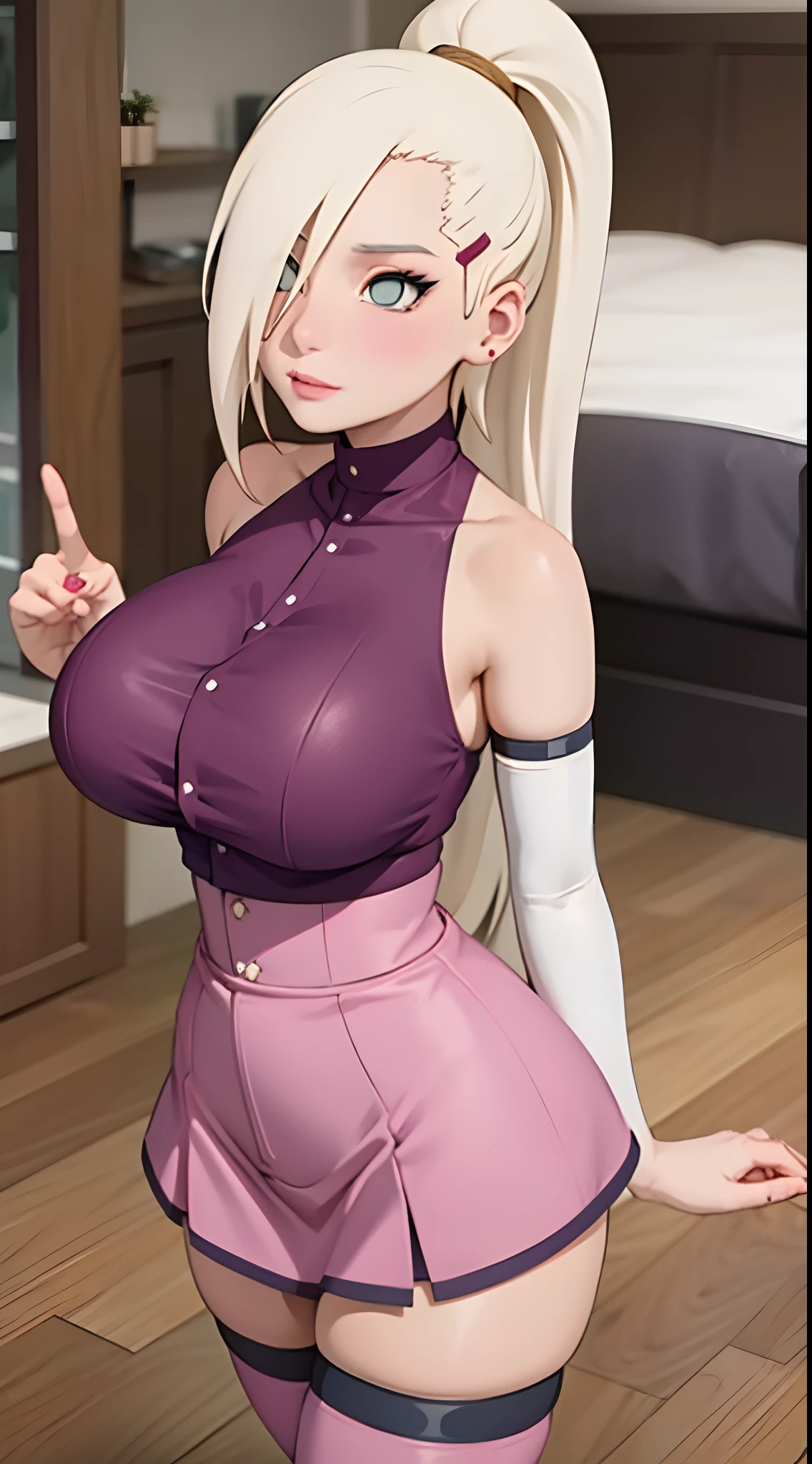 ino yamanaka, spaghetti strap top,high waist short skirt, big , (pink lips), seductive expression, thighhighs