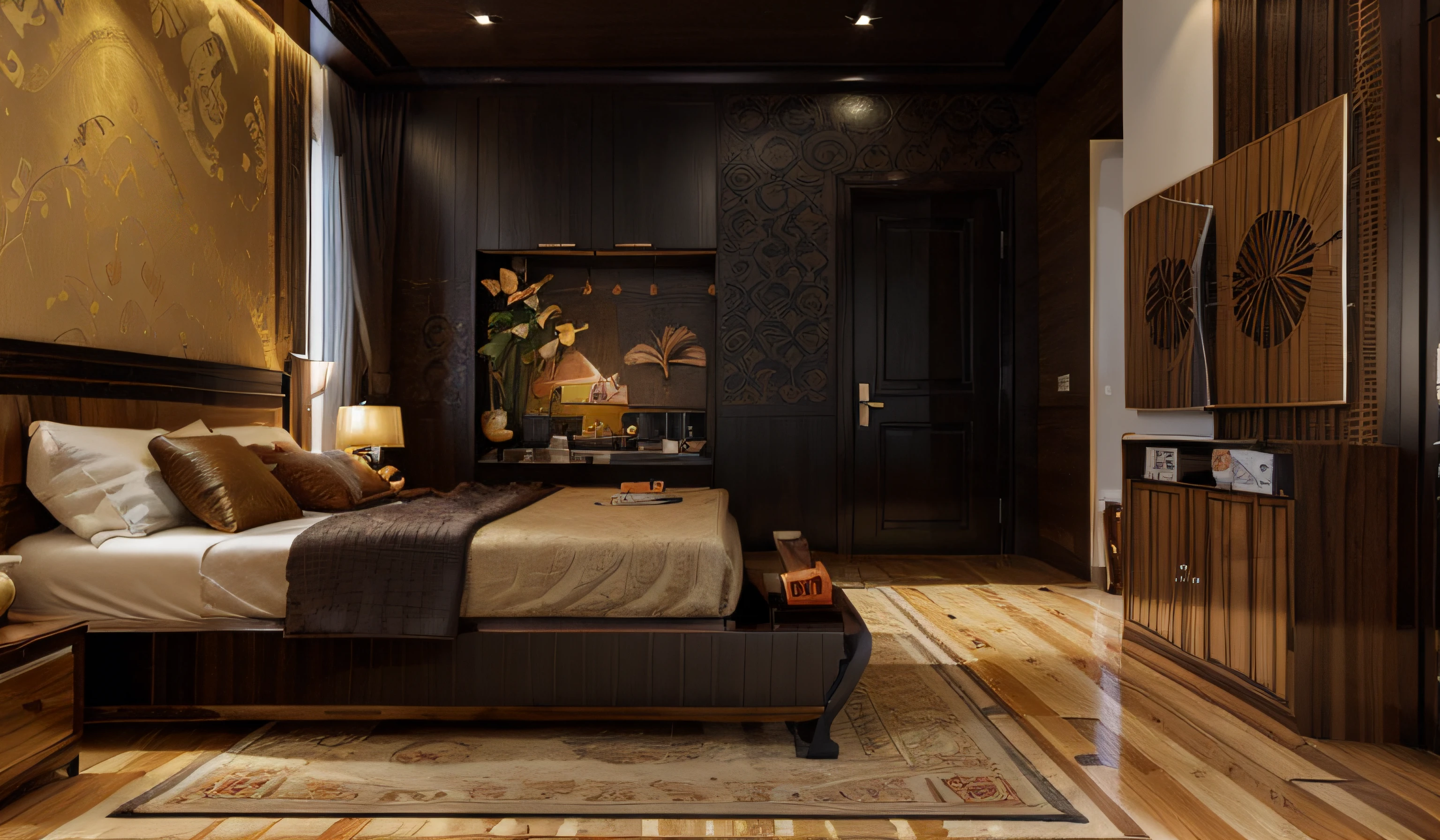 ((Best quality, 8k, Masterpiece :1.3)), Sharp focus :1.2, (Bedroom indochina BLACK Wood design: 1.3), (leaf door panel:1.1), (((black painted wooden furniture:1.1))), (photo realisstic: 1.2), (hyperdetails: 1.2), 1 chair, oriental classical pattern wall paneling, 1 classical altar, 2 ottomans, style cabinets Indochina, orange wall, indoor, indochina pano door, (Ceiling made of rattan and plasterboard), Stylized lotus pattern, stylized lotus-themed decorative painting, glossy marble floor,Round feather carpet, tiled floor with geometric pattern with border, bedside cabinet with curling iron pattern, Curved iron door, wooden frame door with panel made of wrought iron pattern combined with dó paper, daylight, Unreal Engineer 8K, full HD 8K