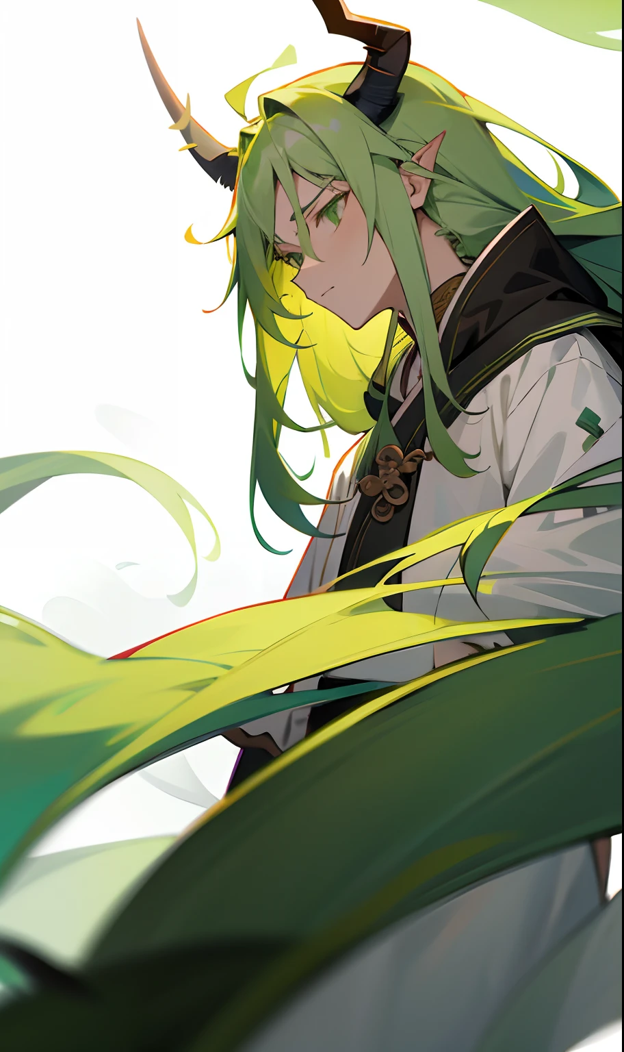Medium body boy with long dark green hair with green dragon horns on his head and green dragon tail while wearing white haori with a serious and calm expression with green eyes
