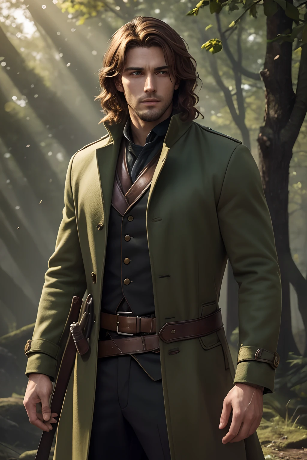 This young man was of a relatively tall and lean build, with sharp and inquisitive green eyes that darted about his surroundings. His light, coppery brown hair, tied back and low, flowed in the wind, its natural waves played with by the breeze that also gently shook the branches over his head. The sun shone through the leaves, casting dappled shadows on his light skin and soft, handsome features. He wore a set of rugged yet high quality clothes under a green longcoat of a more durable cloth, with the practical addition of leather gear fit for traveling. At his side, on the belt that tied the waist of his coat close, a bastard sword was strapped