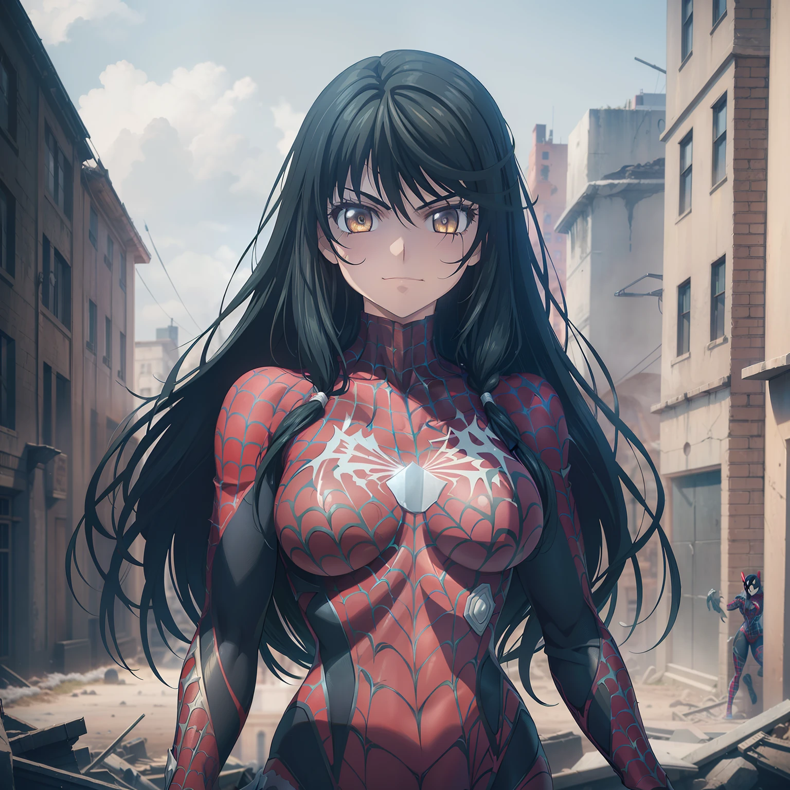 1girl,big breasts,standing in ruined city,(8k),scratches,detailed face,black hair,yellow eyes,big hair,embarassed,small smile face,high_res, high_definition,the battlefield,Heroic pose,dark suit,(symbiote spider man Custome:1.1),