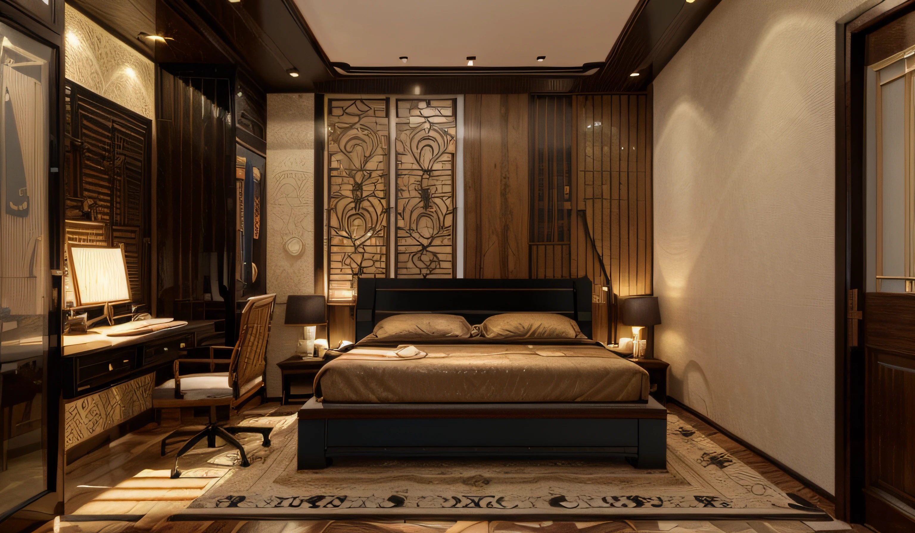 ((Best quality, 8k, Masterpiece :1.3)), Sharp focus :1.2, (Bedroom indochina BLACK Wood design: 1.3), (leaf door panel:1.1), (((black painted wooden furniture:1.1))), (photo realisstic: 1.2), (hyperdetails: 1.2), 1 chair, oriental classical pattern wall paneling, 1 classical altar, 2 ottomans, style cabinets Indochina, orange wall, indoor, indochina pano door, (Ceiling made of rattan and plasterboard), Stylized lotus pattern, stylized lotus-themed decorative painting, glossy marble floor,Round feather carpet, tiled floor with geometric pattern with border, bedside cabinet with curling iron pattern, Curved iron door, wooden frame door with panel made of wrought iron pattern combined with dó paper, daylight, Unreal Engineer 8K, full HD 8K