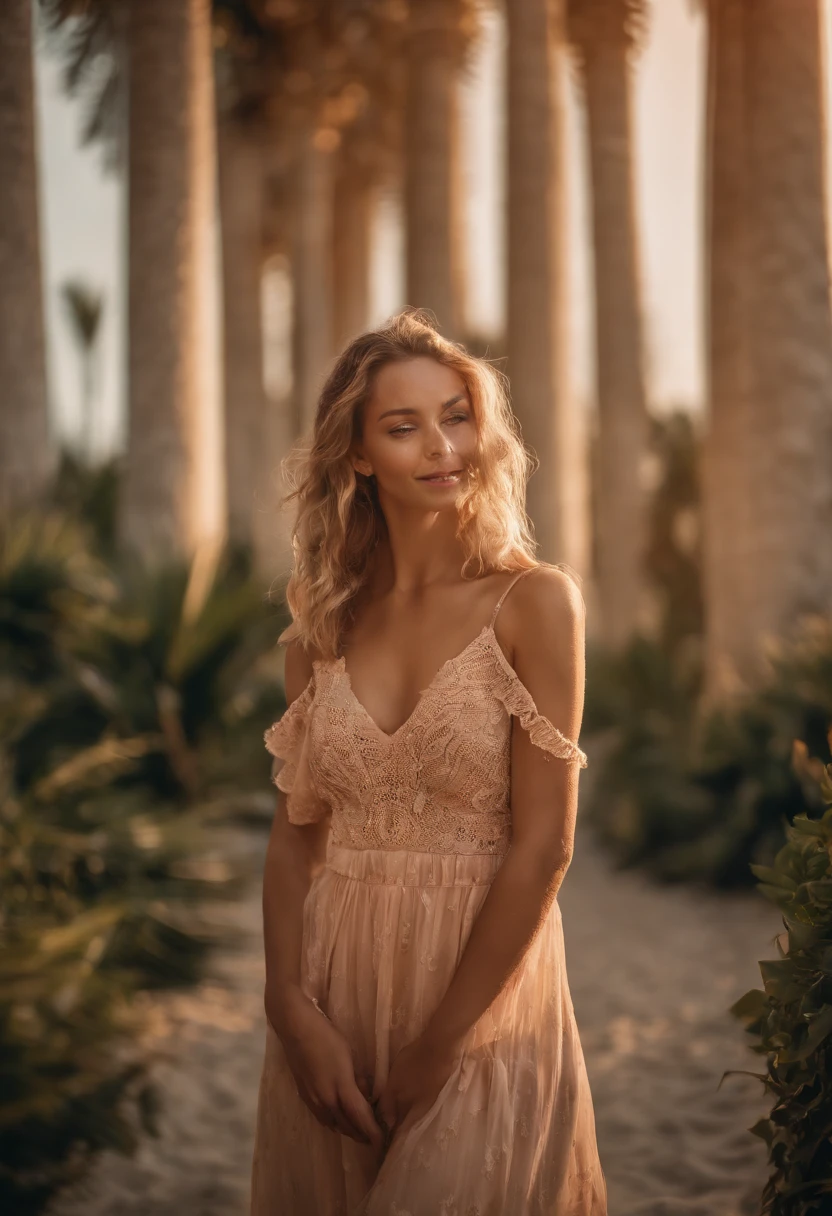 (beautiful detailed girl face,body,blonde hair:1.1),intense expression,soft sunlight,happy and joyful,light summer dress,holding hands,playful laughter,gentle ocean breeze,seagulls in the sky,crystal clear turquoise water,soft sand under their feet,lush green palm trees,distant waves crashing,serene and peaceful atmosphere,surrounded by vibrant tropical flowers,lovely pink and orange hues of the sunrise,refreshing morning swim in the gentle waves,joyful splashes and laughter,innocent and pure love between them,whispering secrets,sparkling eyes and rosy cheeks,moments frozen in time,ephemeral and magical.