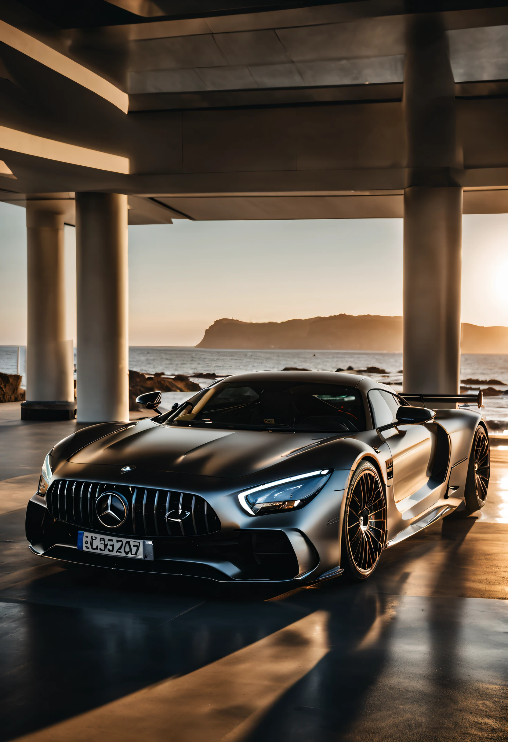 Rembrandt light,Best Quality,Extremely detailed,Cinematic lighting,8K,Realistic,awardwinning,photograph,Low viewing angle,Camera shooting,Canon 85 1.2,Aperture F4,8K,nffsw,Mercedes-Benz GTR,Hypercar,Bright morning light by the sea on background,Art Award Design Modern House,Pritzker Prize,Master works,