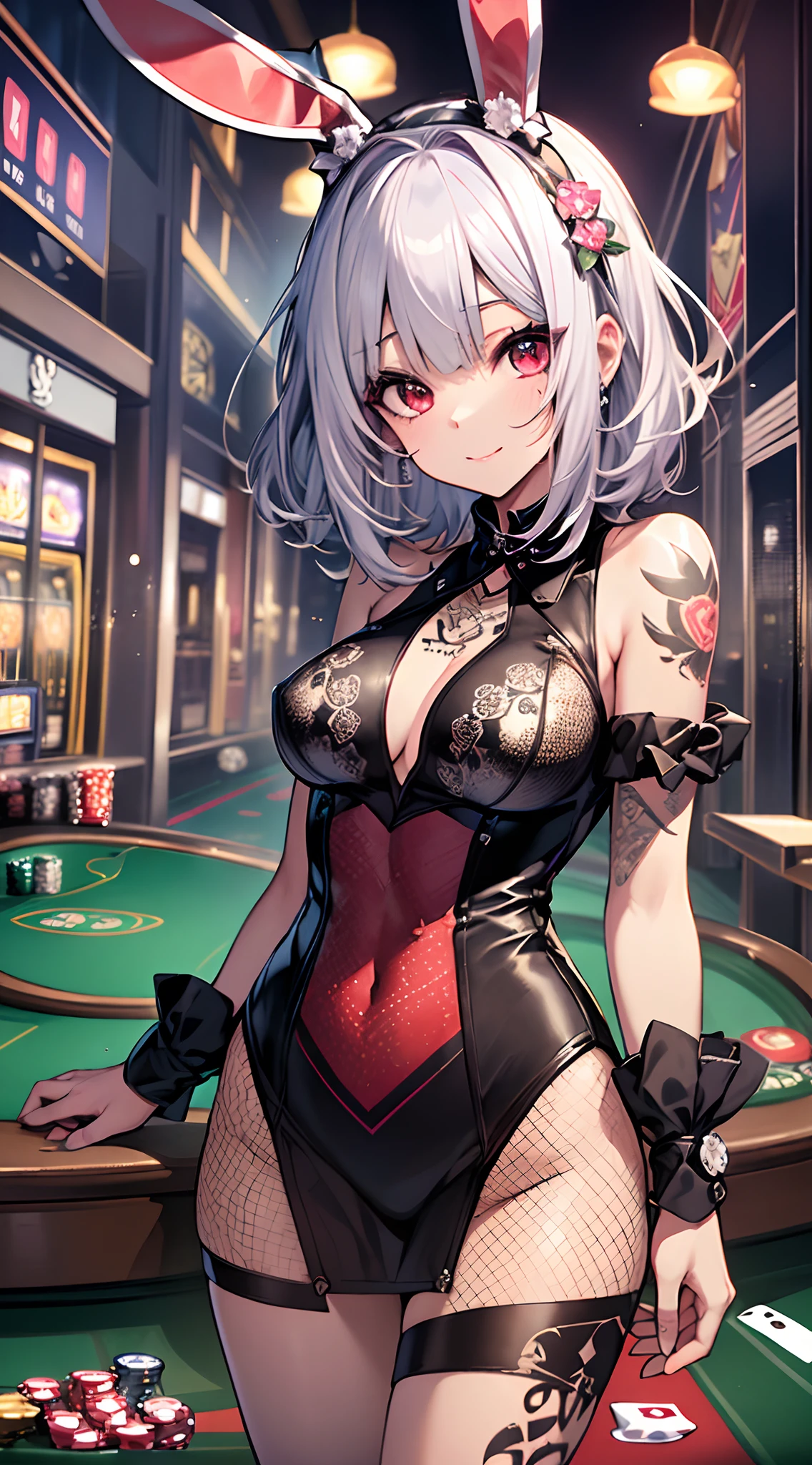 top-quality、Top image quality、in 8K,4K,masterpiece、(NSFW:1.1)、ultra-detailliert、Beautiful、ultra-quality、adult-like、Cool、girl with(((18year old、Sexy Bunny Girl、Bust 78、silber hair、a short bob、Red Eyes、erotick:1.4、Happiness、The tattoo)))、hiquality、full body Esbian、visualart、Background with((Casino:1.3))、masutepiece