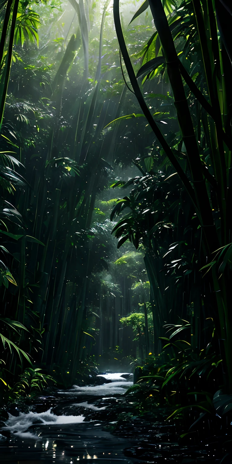 A jungle, with intense rainfall, bamboo trees, vines, wild deadly flowers, monochromatic, vines all around, pointy cracked rocks, giant and wet trees, masterpiece, best quality, high quality, extremely detailed CG unity 8k wallpaper, oil paiting, award winning photography, Bokeh, Depth of Field, HDR, bloom, Chromatic Aberration ,Photorealistic,extremely detailed, trending on artstation, trending on CGsociety, Intricate, High Detail, dramatic, art by midjourney, volumetric lighting