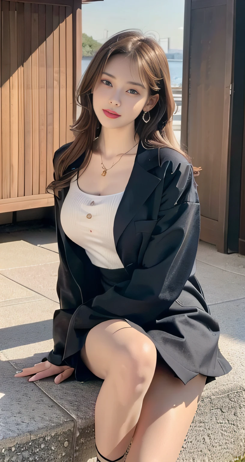 (((32K,very high res, high detailing, highly accurate,Masterpiece Girl 1))),Raw photo & realistic atmosphere,beautiful dark blue eyes,Detailed mouth,Glossy lips,Detailed eyebrows,Soft white skin that shines with every detail,,Eyes drawn in detail、Very beautiful eyes with azure eyes,Detailed lips、Very beautiful face,Very well-formed face、Lifelike face,shiny beautiful lips,Beautiful eyebrows,Infinite reality,Best design,(Insanely cute sober and modest Japan 22-year-old girl,,Toned body,thighs thighs thighs thighs,Slender legs,Beautifully shaped breasts,Very cute beautiful girl,Little Girl:1.5),Best Natural Makeup,Japanese ido,Korean Idols,Young sensual idol,Moist eyes,Dark beautiful eyes,Beautiful butt,beauty legs,,camel's foot,:1.3),超A high resolution、,Natural and realistic face,Back lighting,Pure eyes are too cute,(((photorealisim,Photograph the whole body))),,Reality Live Action,(simple earrings,Necklace Arm,Watches,Glossy nail art,Girlish clothes,Simple adult design image clothes in dark colors,Dress up your jacket elegantly and cutely,Blouse,beautiful skirt,Modest and beautiful fashionable fashion,Heel Shoes,Perm Medium Hair,独奏,Lori Kool,Smile faintly,glares,full body Esbian:1.7),(Show full-body fashion:1.8)