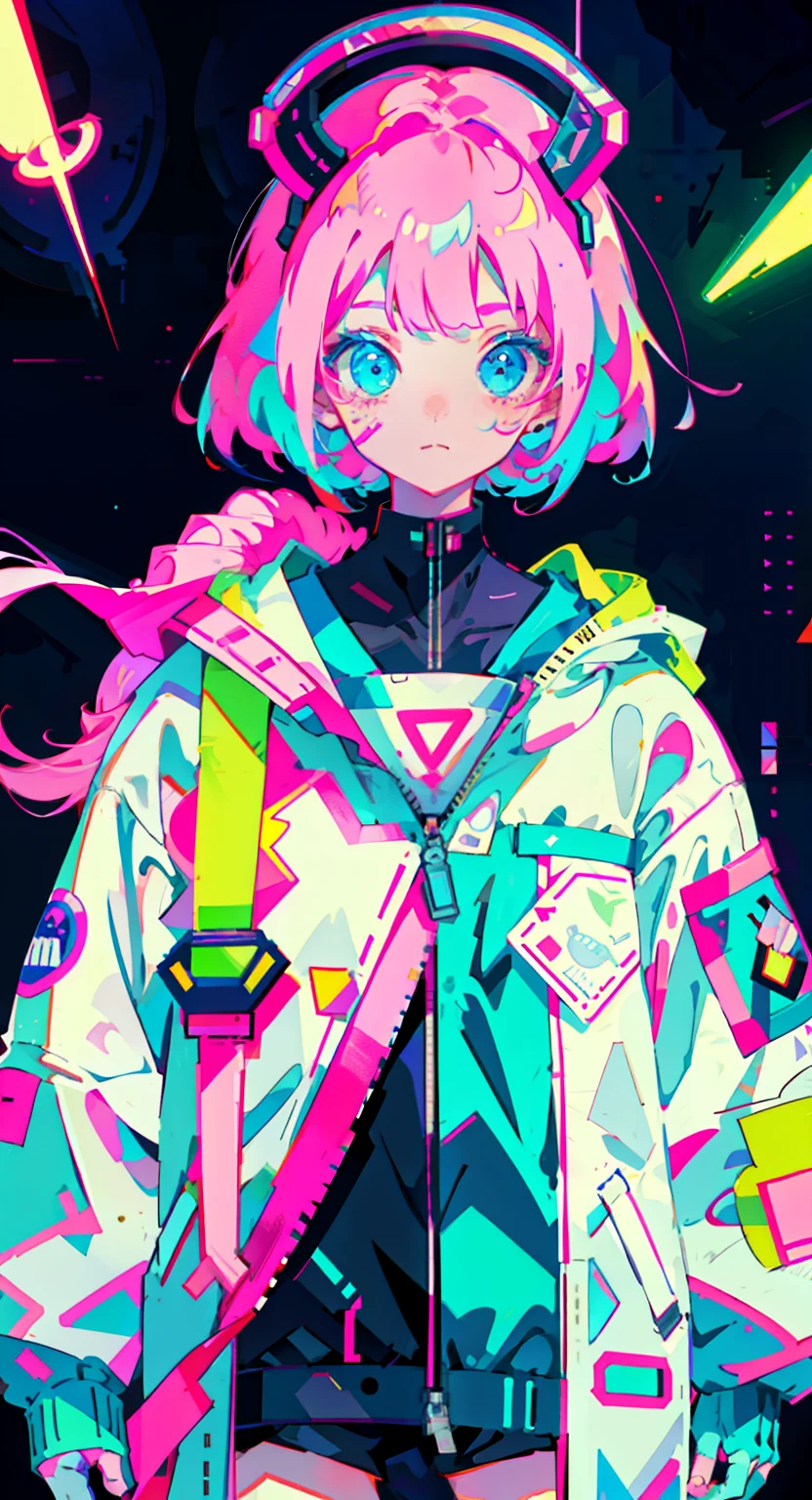 anime girl, wearing astronaut suit, neon pink and blue colors, scars, stickers, neon style of whole shot