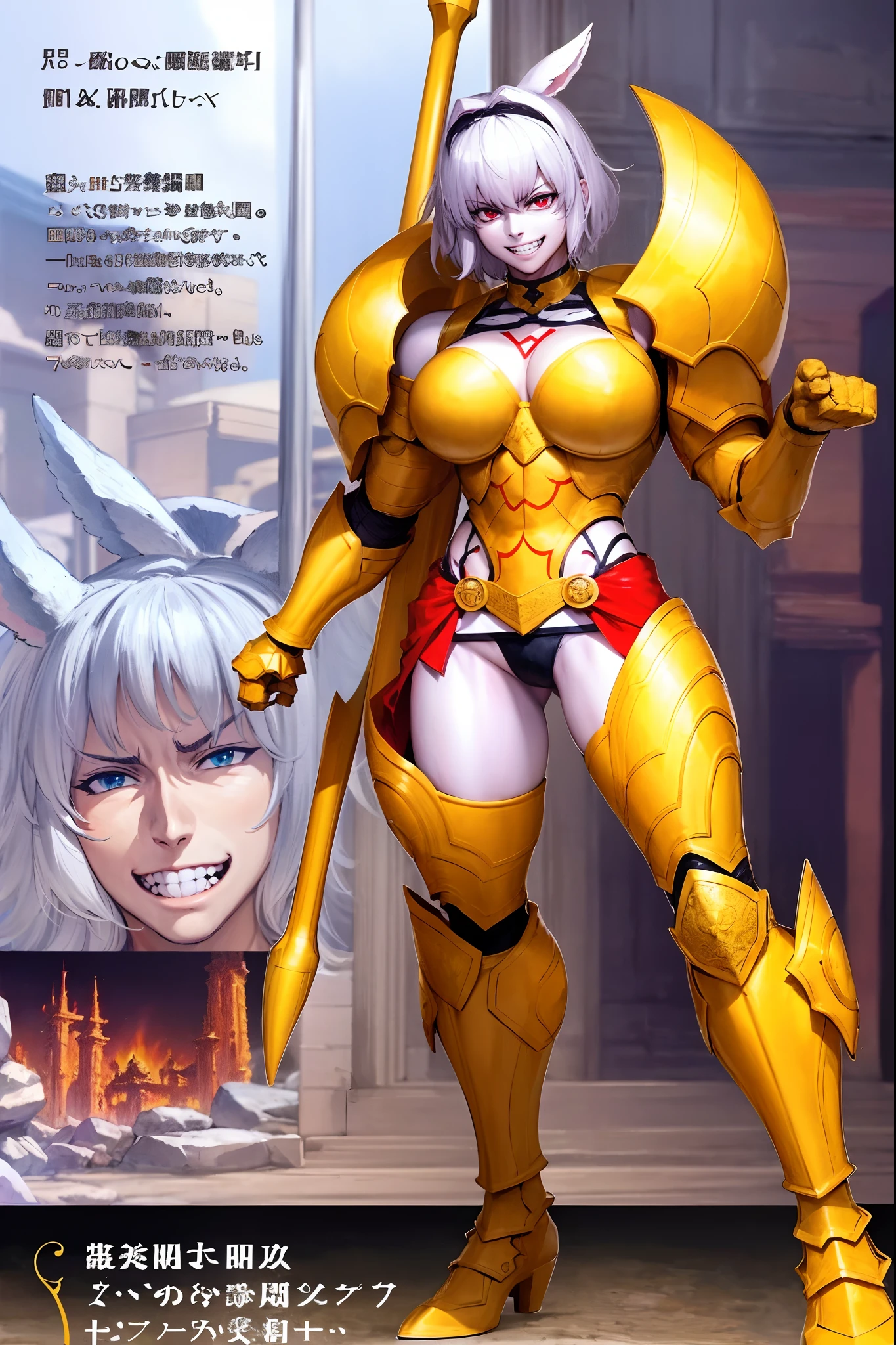 4k, highly detailed, anime style, HDR, subsurface scattering, in a temple, temple being destroyed, Greek temple on fire background, (masterpiece, best quality:1.2), caenis,( fgo stage 3), 1girl, small breasts, looking at fires, smile, short hair, white hair, bangs, red eyes, animal ears, open clothes, hairband, grin, (gold armor), body markings, white nails, epic scene, ,full body, darskinned-female, crazy smile