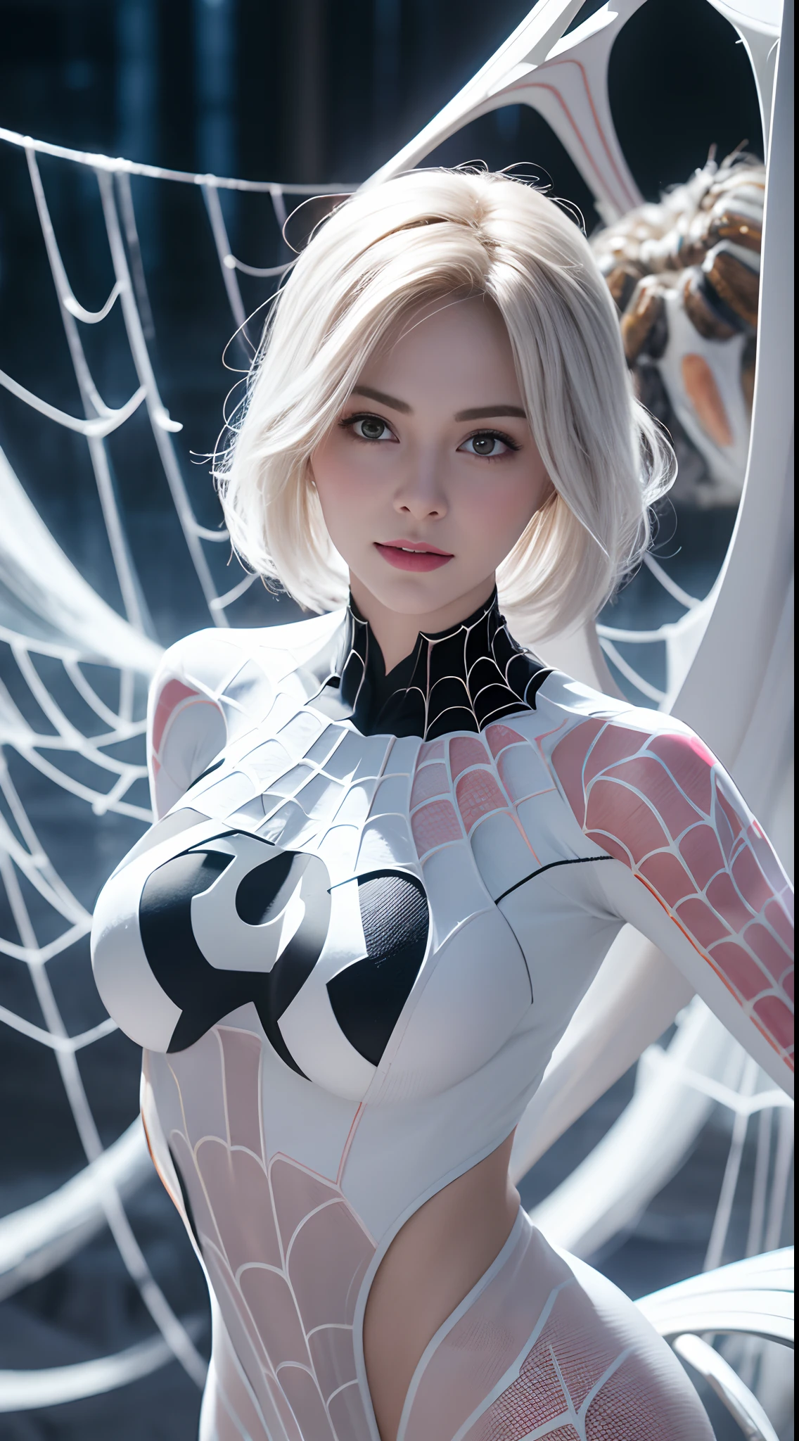 (White superhero theme, carismatic, hay una chica en la parte superior de la ciudad, vestida con el disfraz de Spider-gwen, is a superhero), [ ((25-years old), (cabello largo y blanco: 1.2), cuerpo completo, (ojos azules: 1.2), show of force, saltar de un edificio a otro), ((entorno urbano arenoso): 0.8)| (paisaje urbano, Por la noche, dinamic lights)Hermosos ojos azules claros realistas; hermosos dientes blancos, sonrisa feliz, atractivo, Create the most beautiful perfect face in the world at large, pintado a mano, meticulosamente detallado, the highest picture quality, 3D 8K, piel blanca perfecta, hermoso aspecto, Multicolor Liquid Acrylic, Wet marble body, Michael Garmash, Daniel F. Gerhartz, cinematic lighting, escena de cascada, volumetric illumination, Arte limpio y suave, Aventura pulpa suave , Patrones ornamentados, Stylish Organic Frames, surrealismo, Colecciones de obras maestras, colores realistas, Ley Gouache. the highest picture quality, More detailed 8K.motor irreal:1.4,UHD,La mejor calidad:1.4, fotorrealista:1.4, textura de la piel:1.4, obra maestra:1.8,obra-prima, mejor calidad,objeto Objeto], (detailed face features:1.3),(spider gwen:1.4)