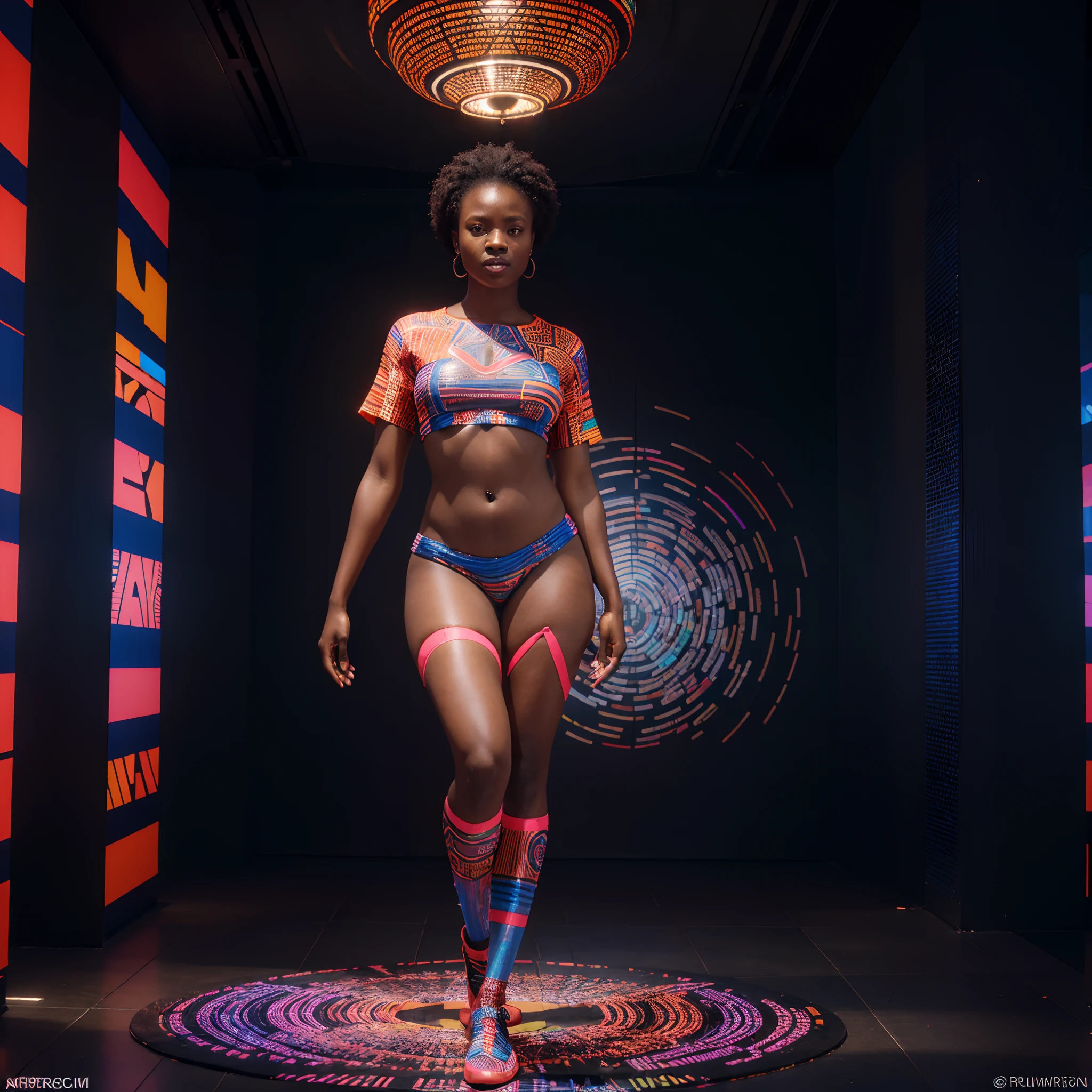 Full body shot of an African woman dressed in neon lit African designed clothes, standing in museum full of QR code sculptures, QR code sculptures and art work shining blue and red light, with iridescent light, 32k, ultra HD, unreal engine rendered, cinematic lighting, artgerm style