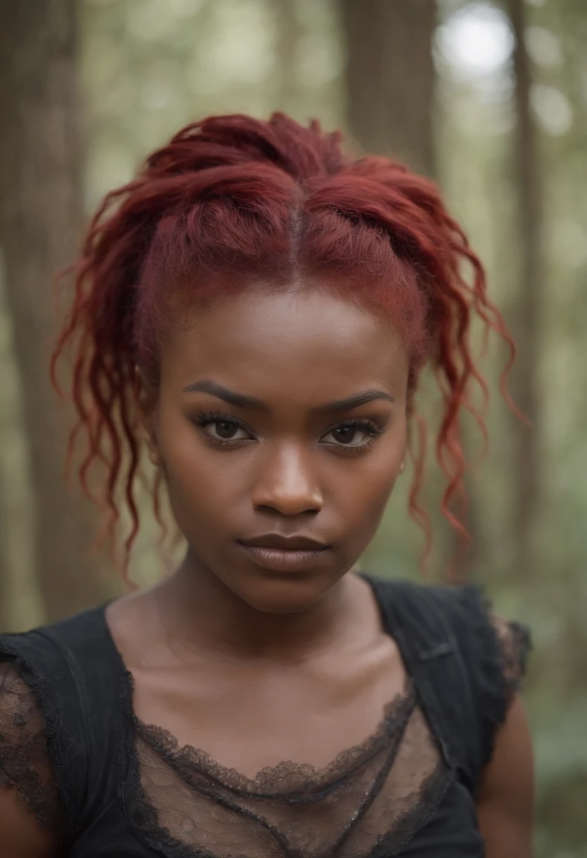 African American, demi-god child of Hel, red hair, punk, facial piercings