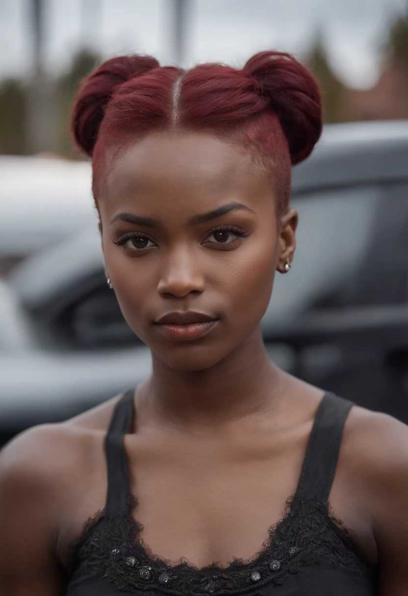 African American, demi-god child of Hel, red hair, punk, facial piercings