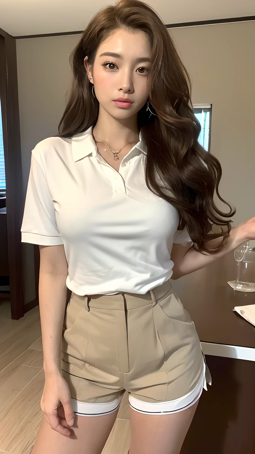 ((best qualtiy, 8K, tmasterpiece:1.3)), Focus:1.2, perfect figure beautiful woman:1.4, Cocked buttocks:1.2, ((Random Long Thick Hairstyle) ((Brown Wavy Hair In Big Curls))（Long white legs：1.3，(Polo shirt With Shorts:1.2) , (inside in room: 1.2), Highly detailed facial and skin texture, A detailed eye, 二重まぶた，Whiten skin，（Straight big breasts：1.3), looking at camera, Wear a necklace，