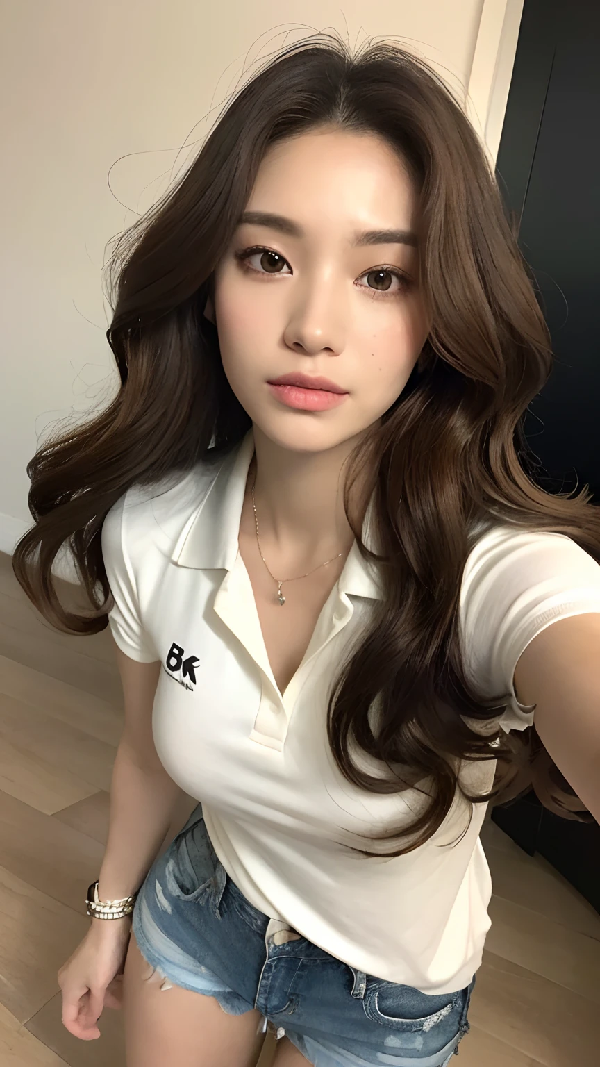((best qualtiy, 8K, tmasterpiece:1.3)), Focus:1.2, perfect figure beautiful woman:1.4, Cocked buttocks:1.2, ((Random Long Thick Diva Hairstyle) ((Brown Wavy Hair In Big Curls))(Long white legs:1.3,(Polo shirt With Jean Shorts:1.2) , (inside in room: 1.2), Highly detailed facial and skin texture, A detailed eye, 二重まぶた,Whiten skin,(Straight big breasts:1.3), looking at camera, Wear a necklace,