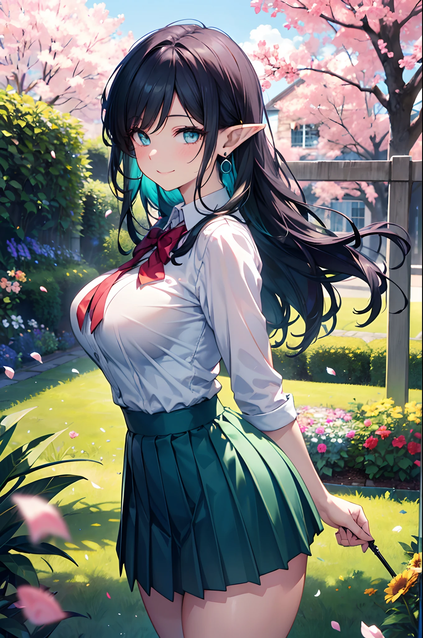 Realistic and detailed image of an elf dressed in a school uniform and pleated micro skirt. She has long wavy black hair. Turquoise eyes. She has earrings, long eyelashes. She has large breasts, slim waist, wide hips and thick thighs. Smiling, pleased face. Arched back. There is a garden with flower petals falling around her.