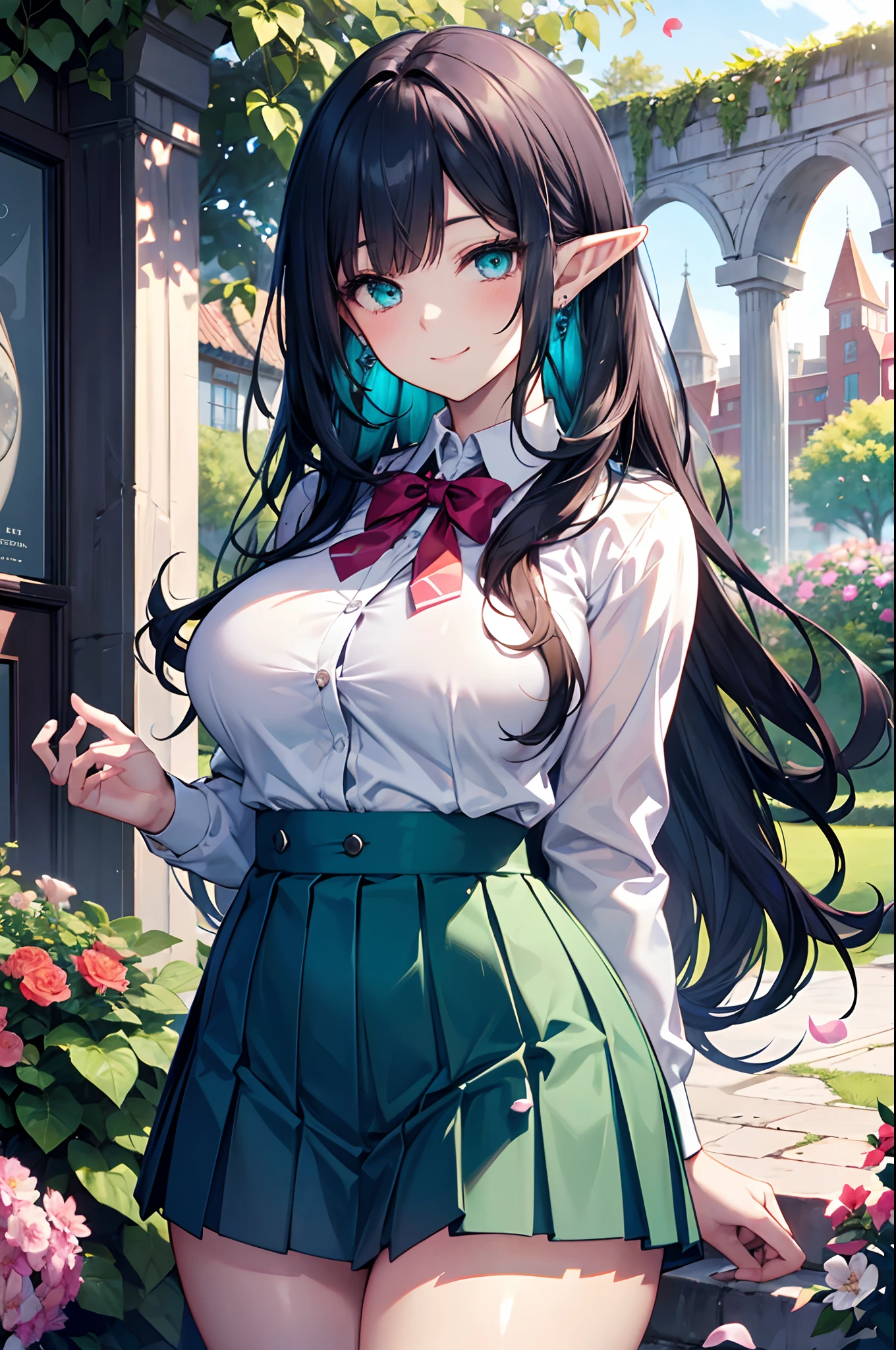 Realistic and detailed image of an elf dressed in a school uniform and pleated micro skirt. She has long wavy black hair. Turquoise eyes. She has earrings, long eyelashes. She has large breasts, slim waist, wide hips and thick thighs. Smiling, pleased face. Arched back. There is a garden with flower petals falling around her.